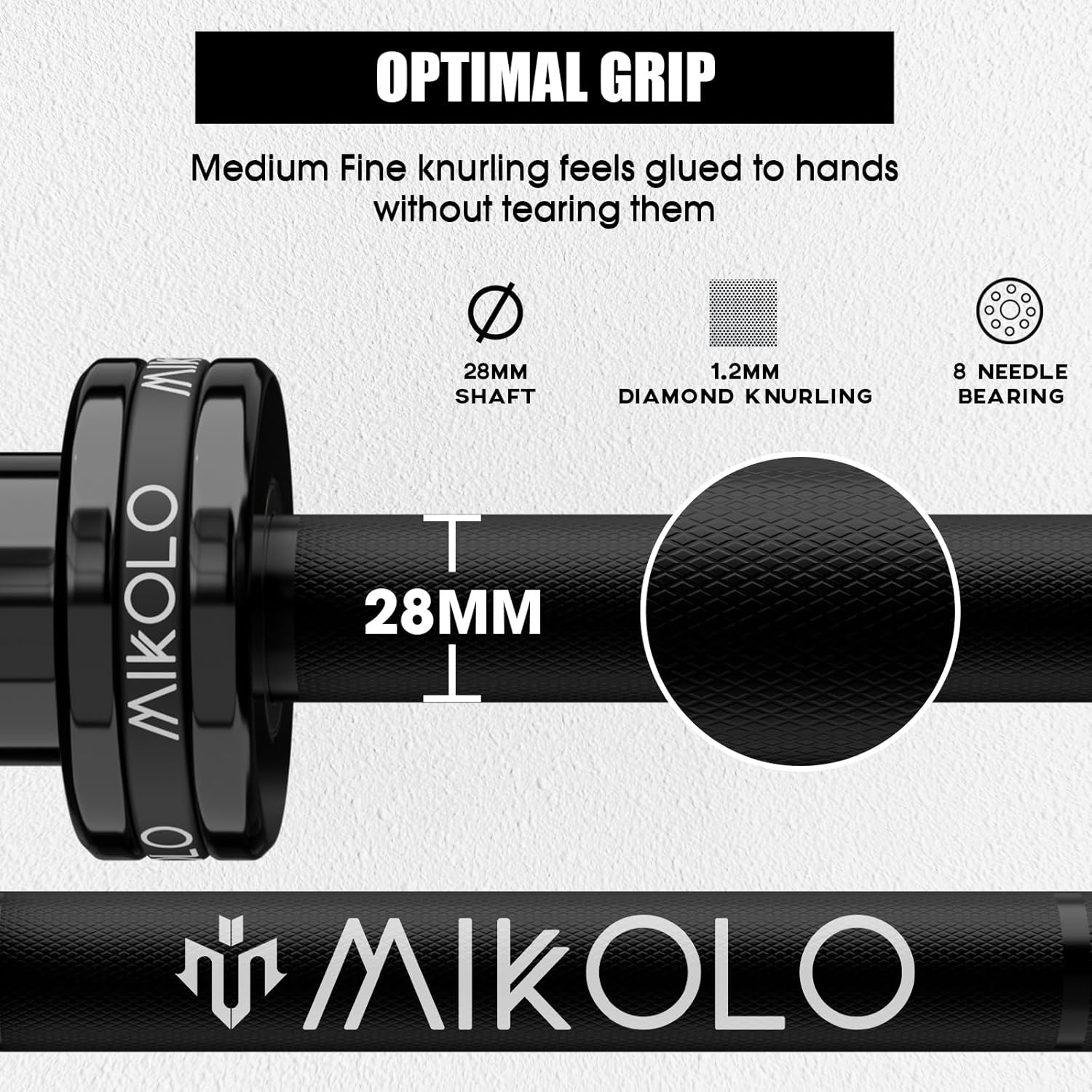 Mikolo Barra olímpica de 44.1 lbs, barra estándar de 2 pulgadas para levantamiento de pesas, levantamiento de potencia, capacidad de peso de 1500