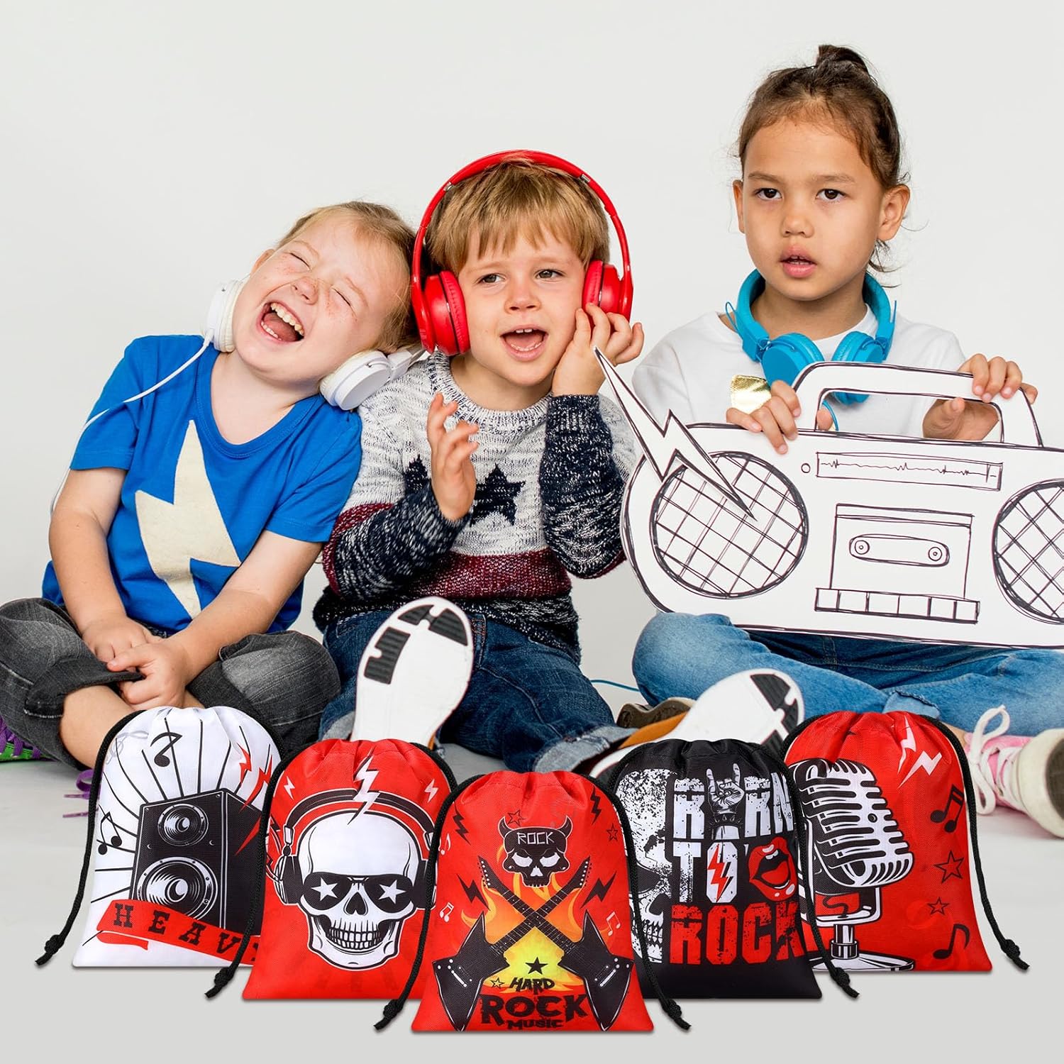 Honoson 24 bolsas con cordón para recuerdos de fiesta de rock and roll, con temática musical, guitarra, caramelos, golosinas, reutilizables, para