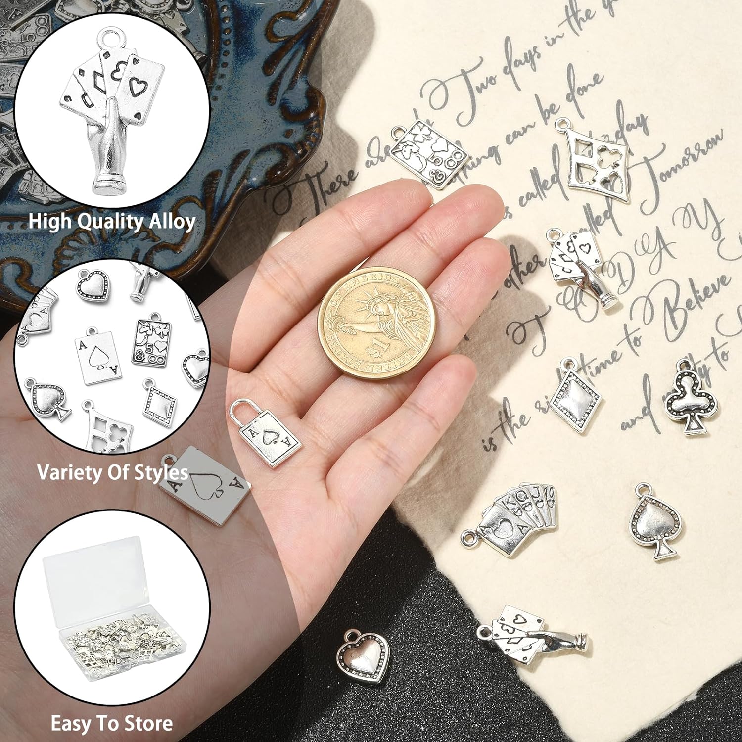 KitBeads 100 dijes de póquer de 10 estilos tibetanos con forma de espada de diamantes para club de diamantes de Las Vegas, dijes de plata antigua
