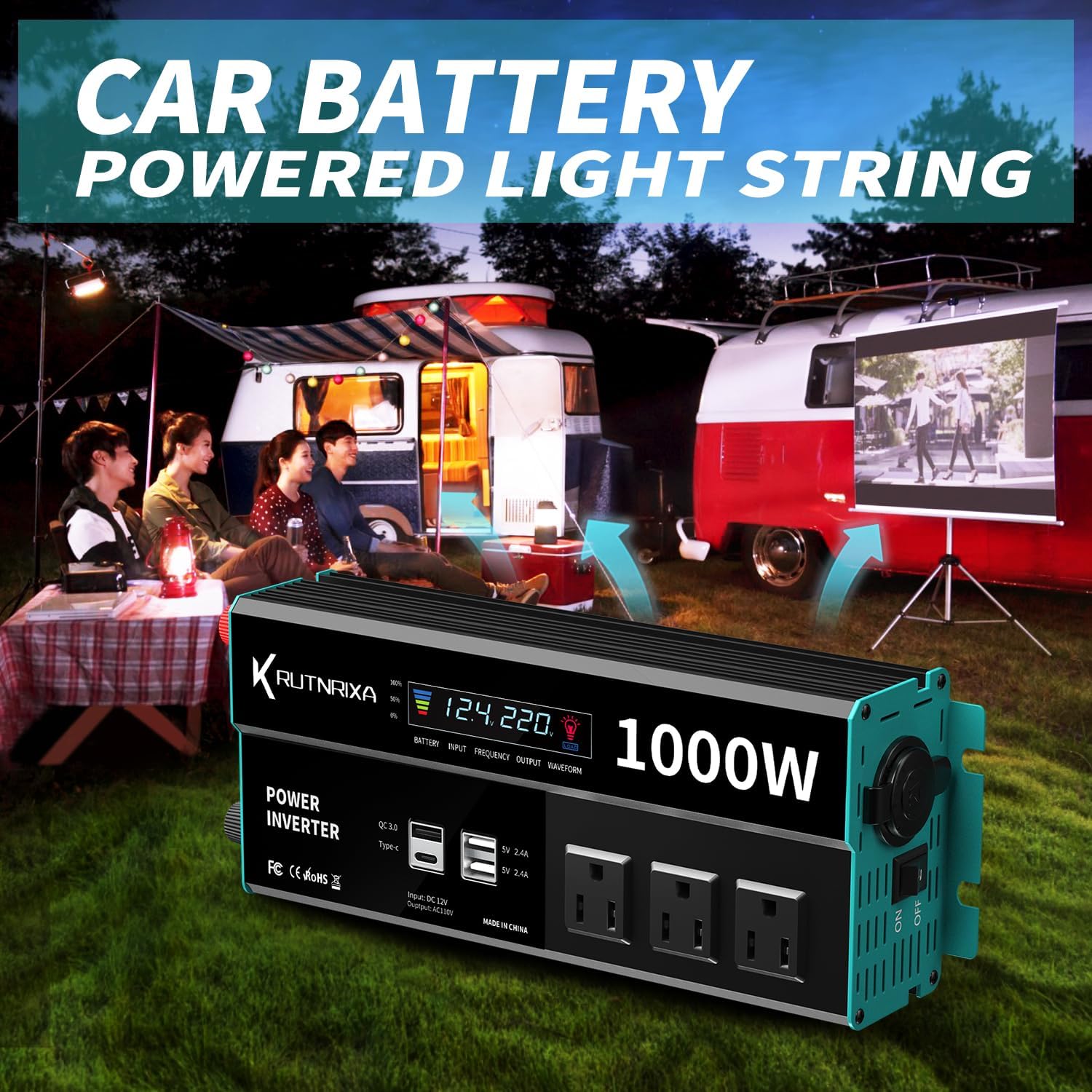 Inversores de corriente de 1000 W, 12 V CC a 110 V CA, convertidor para vehículos USB-CPD de 25 W, puertos de carga rápida, adaptador de cargador de