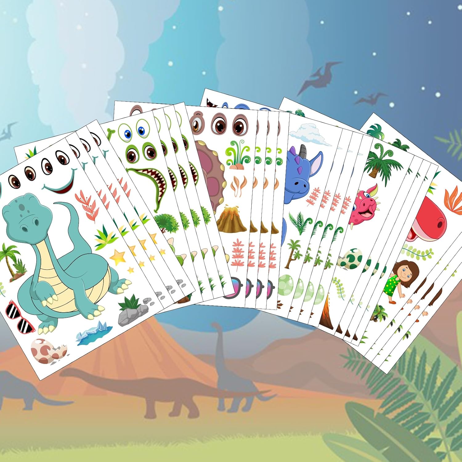 24 hojas de calcomanías de dinosaurio para niños, haz tus propias calcomanías de dinosaurio, calcomanías de dinosaurio para actividades escolares,