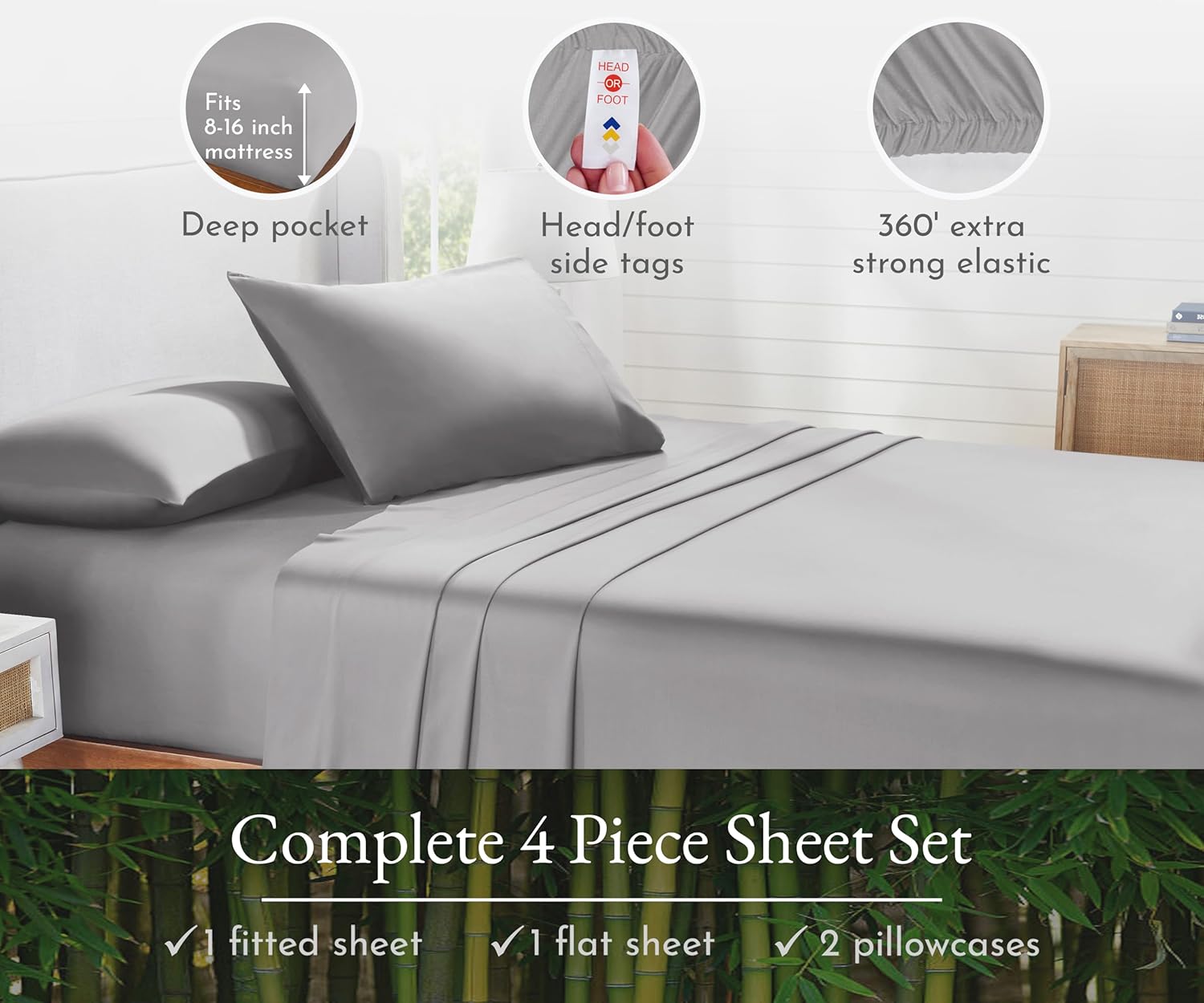 California Design Den Rayón de bambú – Juego de sábanas de 4 piezas, sábanas refrescantes de lujo, sábanas grises para cama de tamaño California