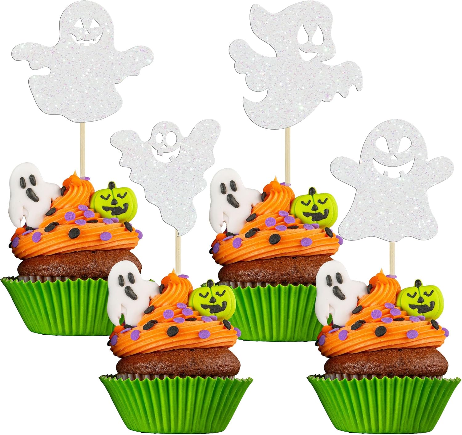 Gyufise 24 adornos de Halloween para cupcakes de fantasma, purpurina blanca, espeluznante, Halloween, baby shower, decoración para Halloween,