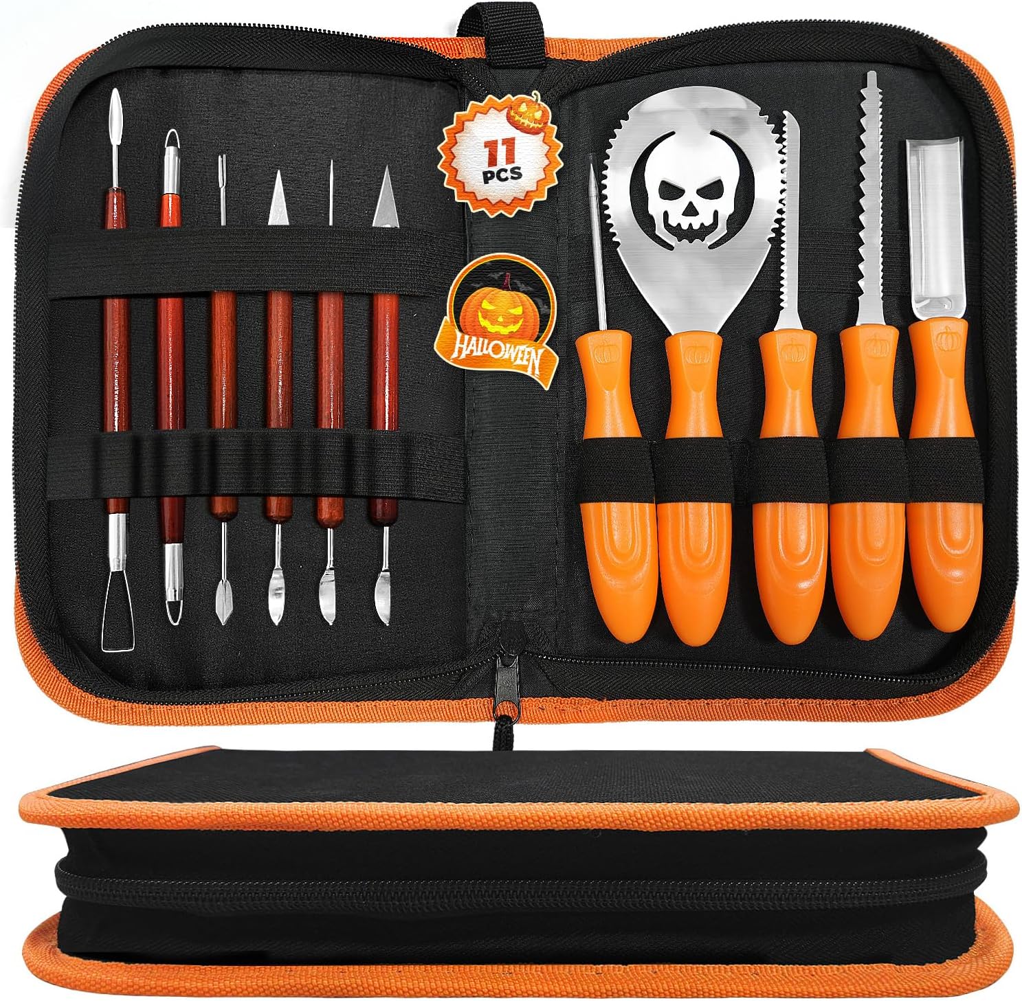 Kit de 11 piezas de tallado de calabaza para adultos y niños con herramientas de escultura de detalles profesionales, juego de cuchillos de acero