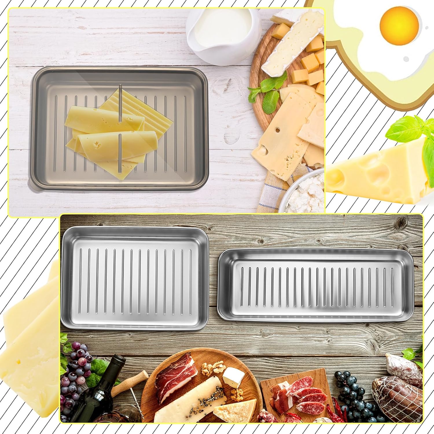 Recipientes de tocino de queso para refrigerador, de acero inoxidable, herméticos, para almacenamiento de carne de delicatessen, para refrigerador,