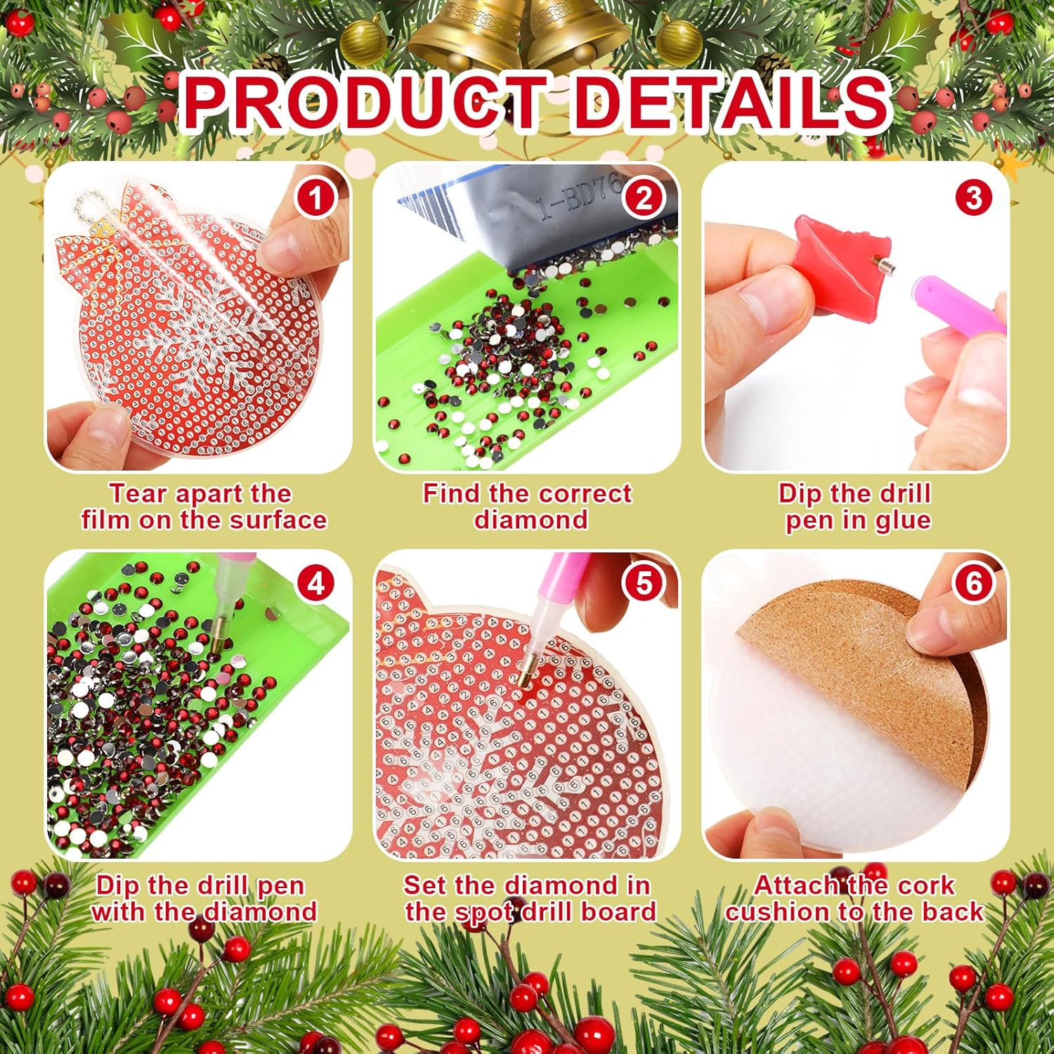 10 posavasos de bola de Navidad con diamantes para manualidades, bola de Navidad, pintura de diamante, posavasos de diamante 5D, posavasos de