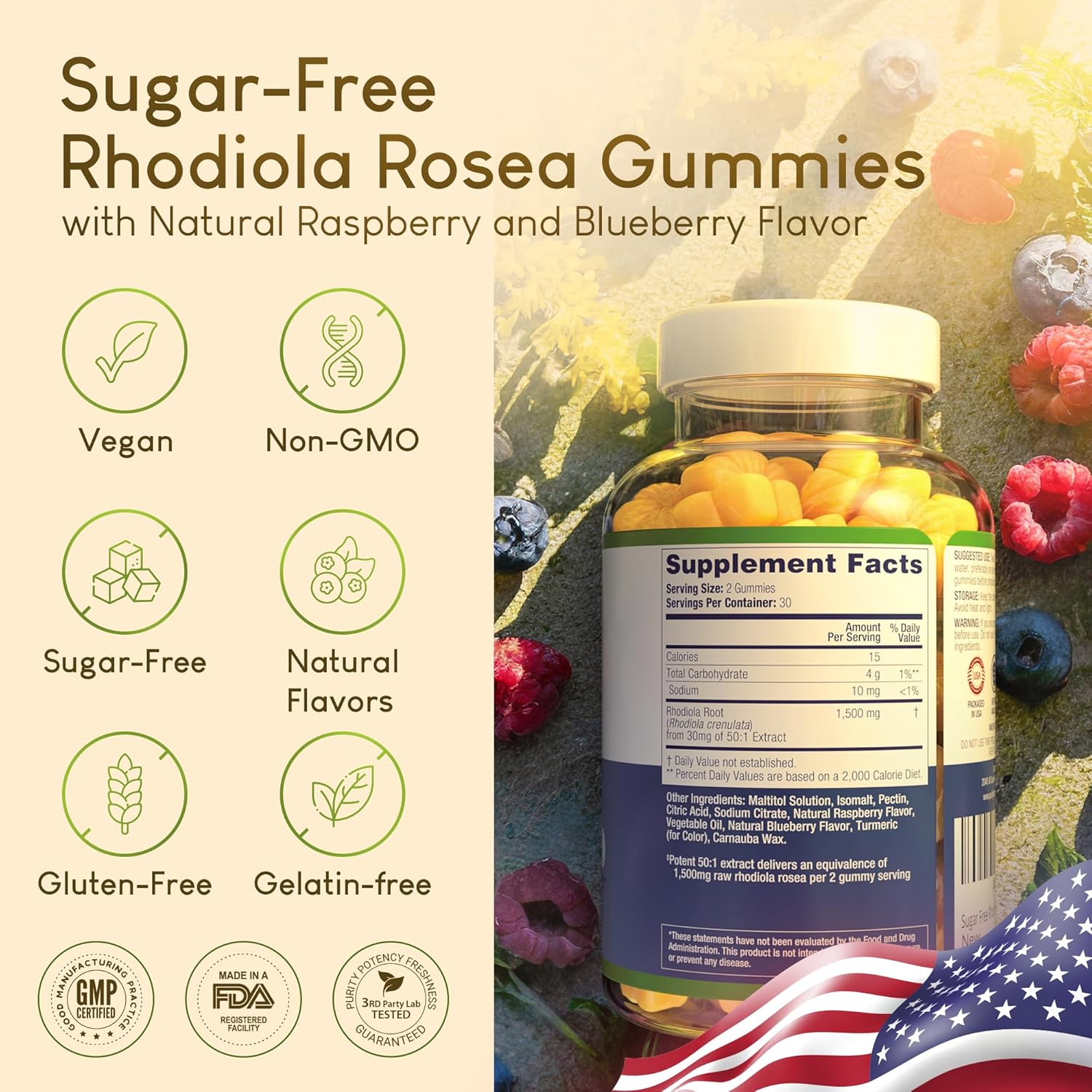 Gomitas de Rhodiola Rosea sin azúcar (1500 mgporción) Suplemento adaptogénico de Rhodiola Rosea y bloqueador de cortisol para rendimiento,