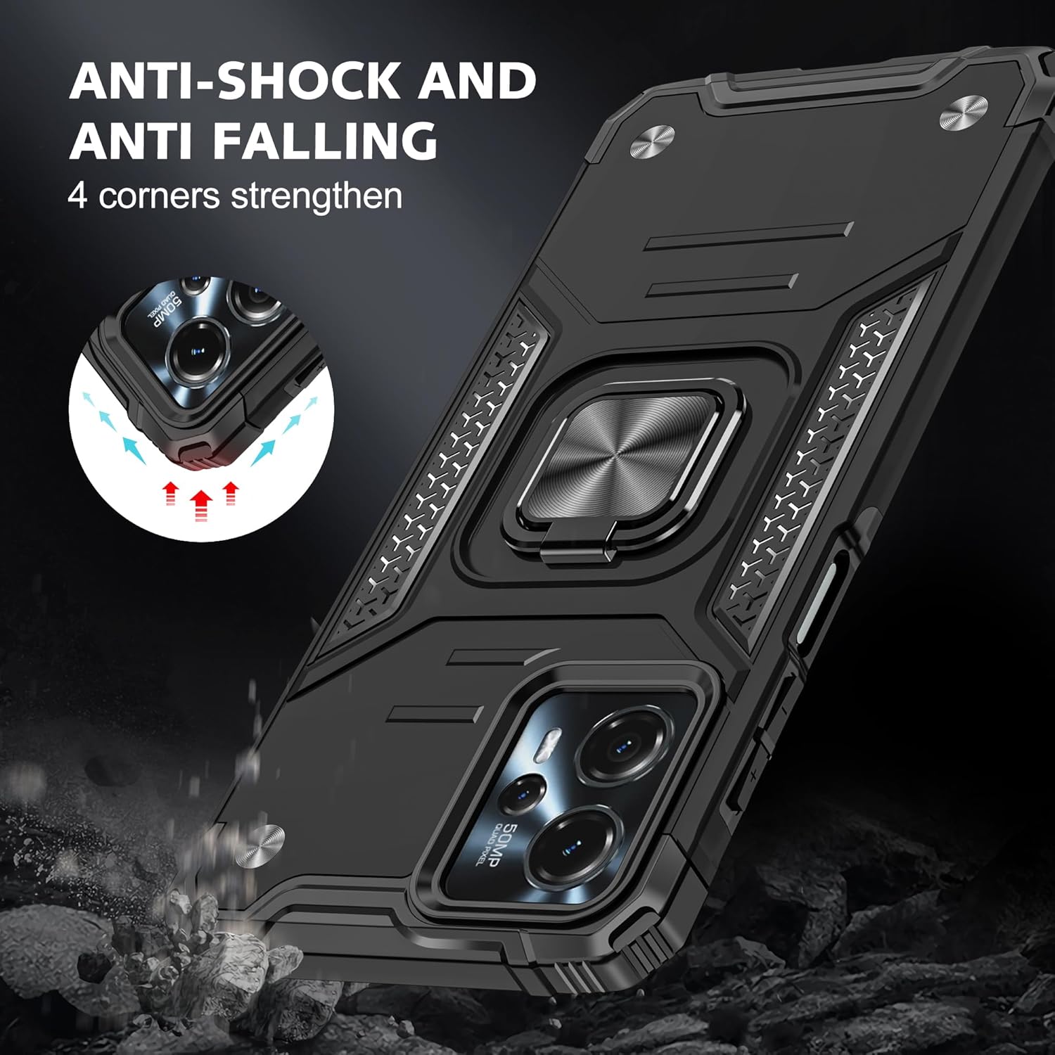 Asuwish Funda de teléfono para Motorola Moto G13G23 con protector de pantalla de vidrio templado y soporte de anillo delgado híbrido protector móvil