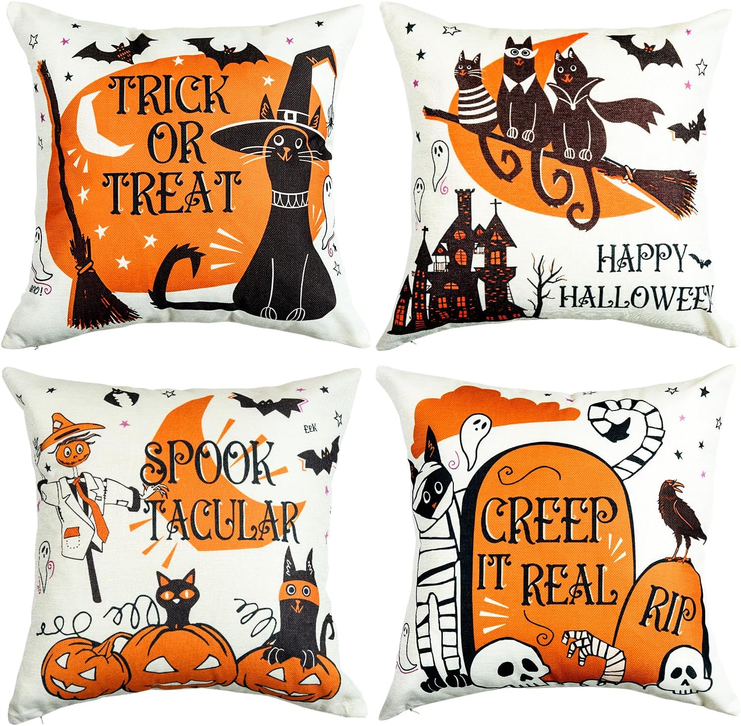 Sioloc Fundas de almohada de Halloween de 18 x 18 pulgadas con 4, decoraciones de Halloween, casa de campo de bruja de calabaza, decoración festiva