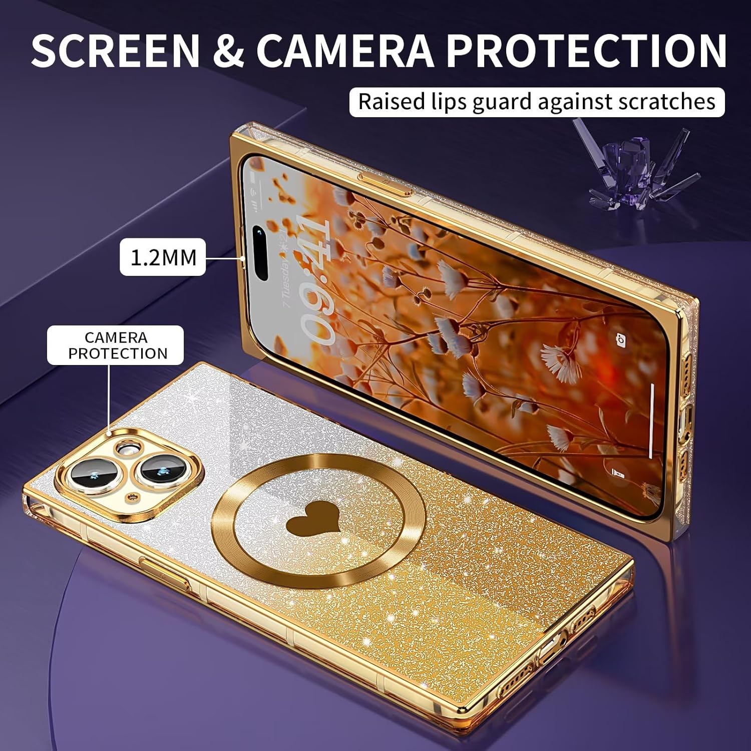 Funda magnética cuadrada para iPhone 15 Plus 2 en 1 compatible con MagSafe, protección completa de la lente, bonito patrón de corazón y cubierta