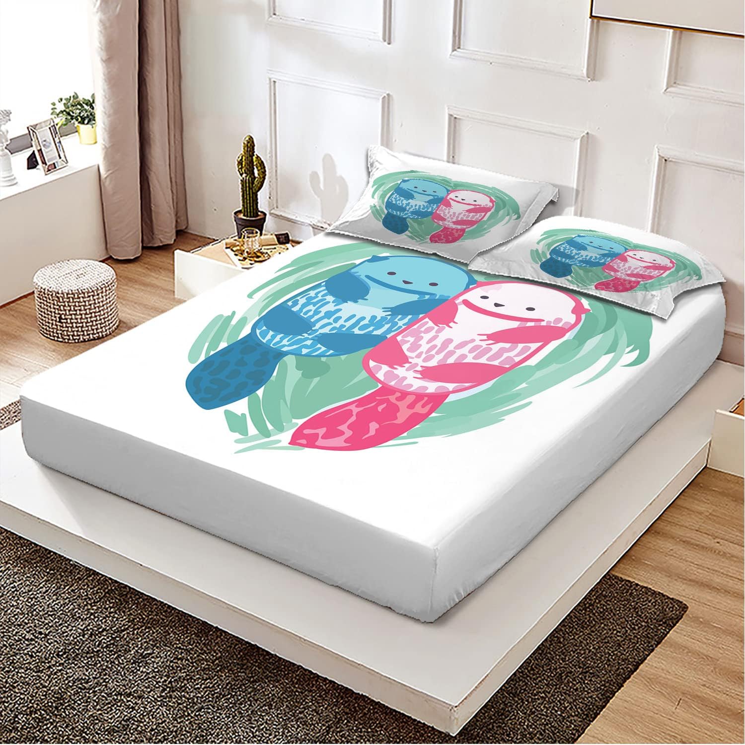 Otter Theme – Juego de sábanas bajeras de 2 piezas, diseño de animales semiacuáticos, estampado decorativo, ultra suave y transpirable, se adapta
