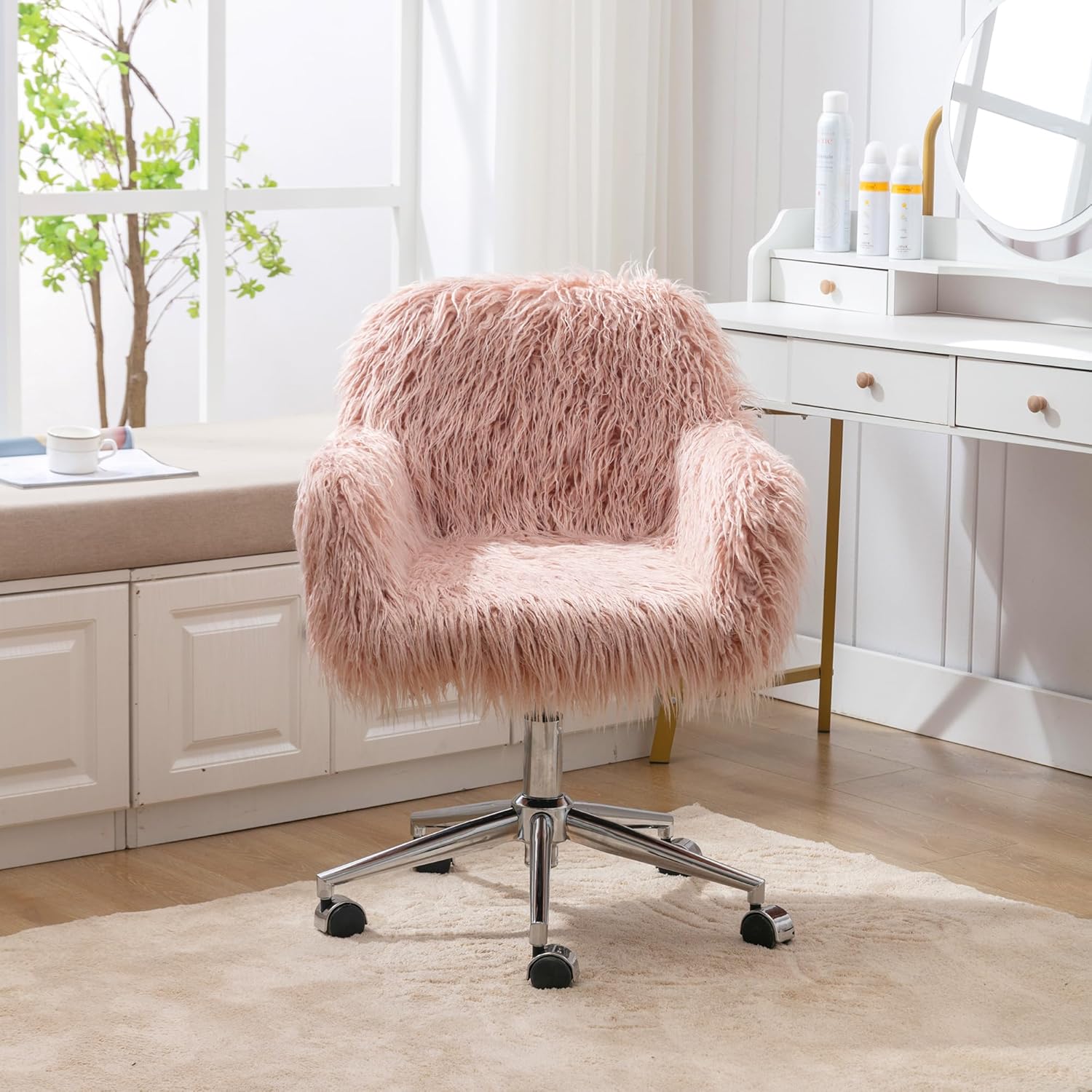 HomVent Silla de oficina moderna de piel sintética rosa, silla de tocador tapizada de piel sintética, silla de escritorio peluda con ruedas y base