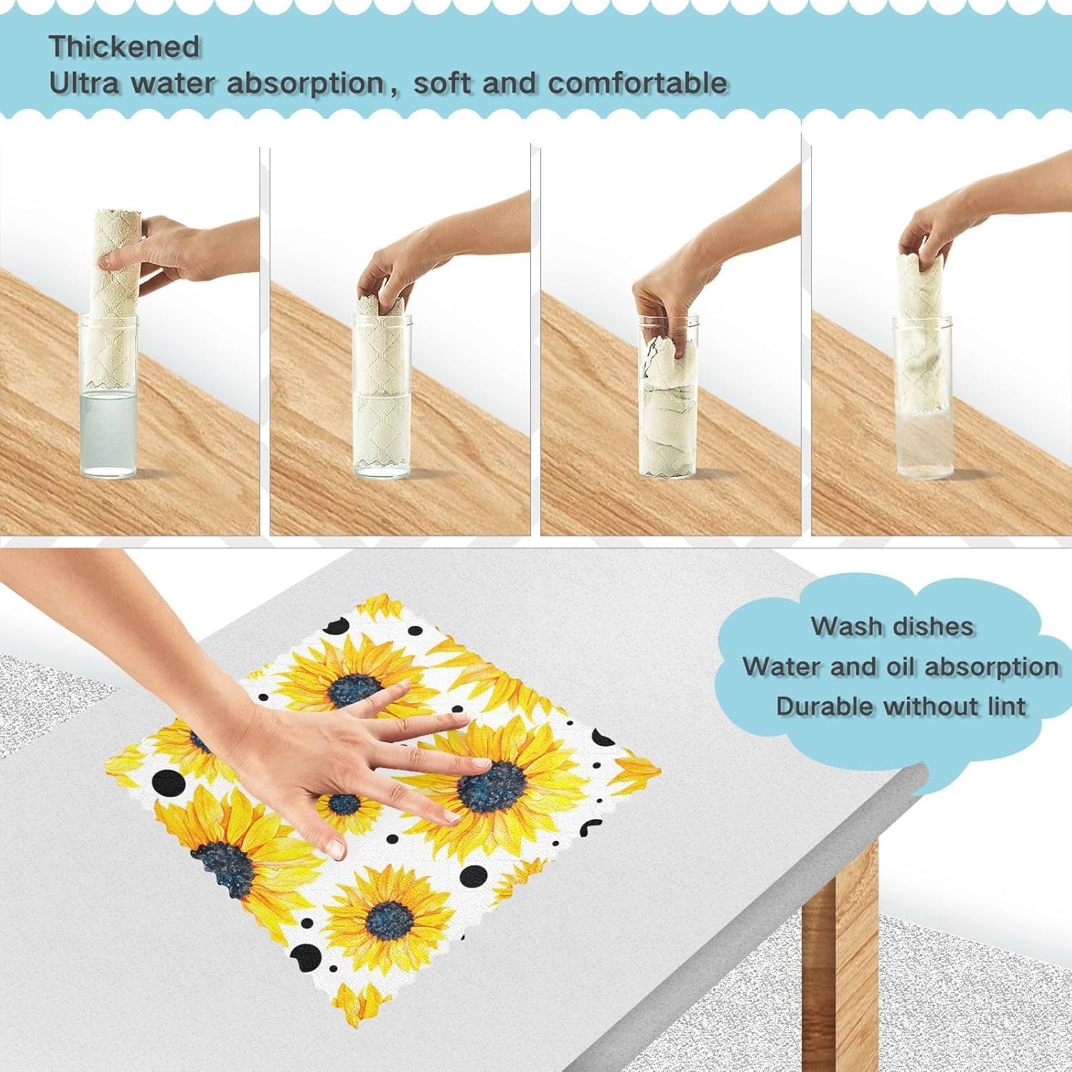 Yellow Sunflowers White Cotton Print Microfiber Dish Drying Towel Quick Dry Set of 6 Tea Towels for Kitchen for Restaurant Sink