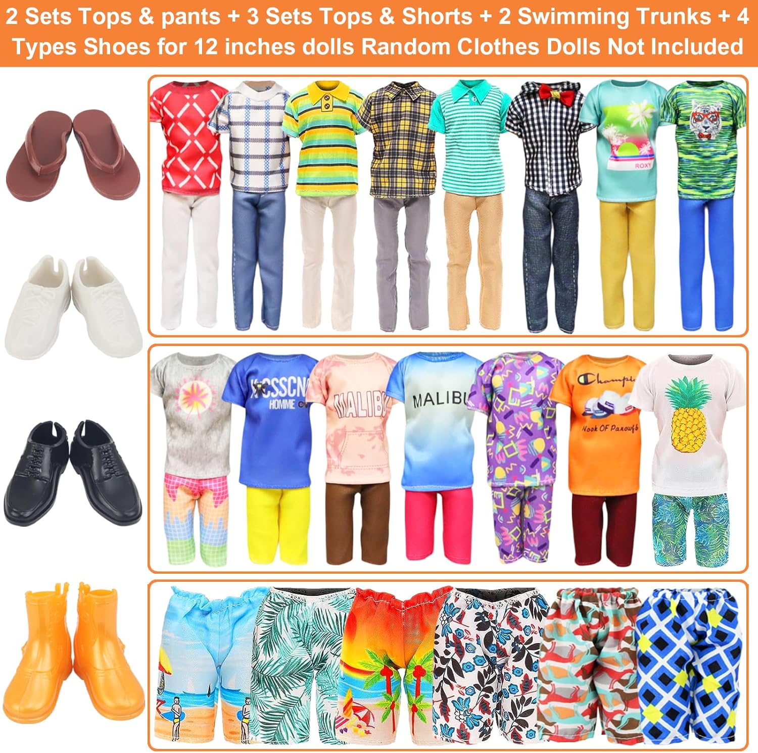 Ecore Fun 11 artículos 11.5 pulgadas niño muñeca ropa y zapatos – 5 conjuntos moda ropa casual ropa traje 2 trajes de baño 4 pares zapatos para 12