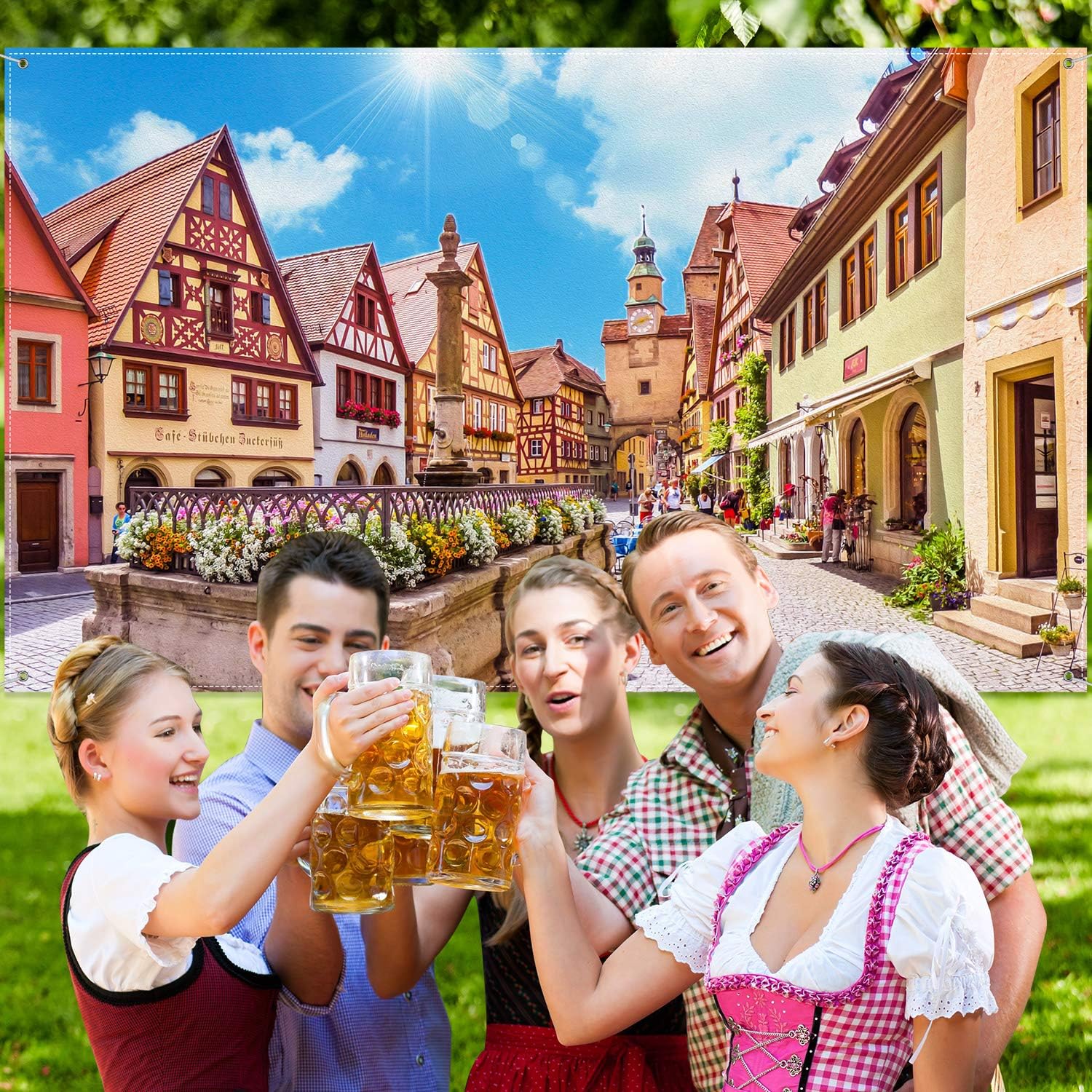 Decoraciones para festivales en el estilo del Oktoberfest, póster extra grande de paisaje de calle bávara, telón de fondo, pancarta de fondo para