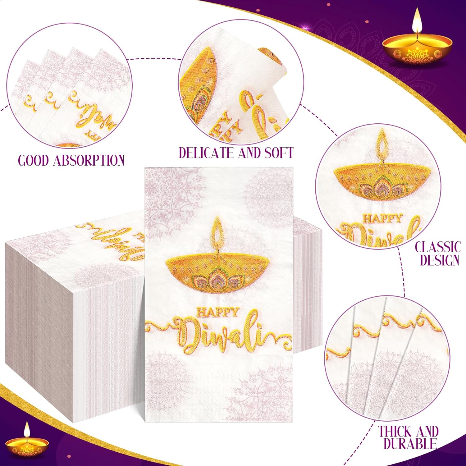 100 servilletas de papel Happy Diwali, decoración de Diwali Deepawali Festival de luces, servilletas de papel decorativas, servilletas de cóctel