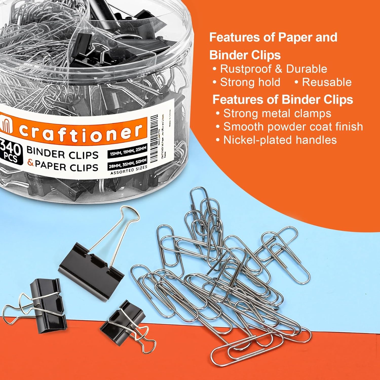 340 clips de papel y clips para carpetas de varios tamaños, clips grandes, medianos y pequeños, clips recubiertos de níquel, suministros de oficina