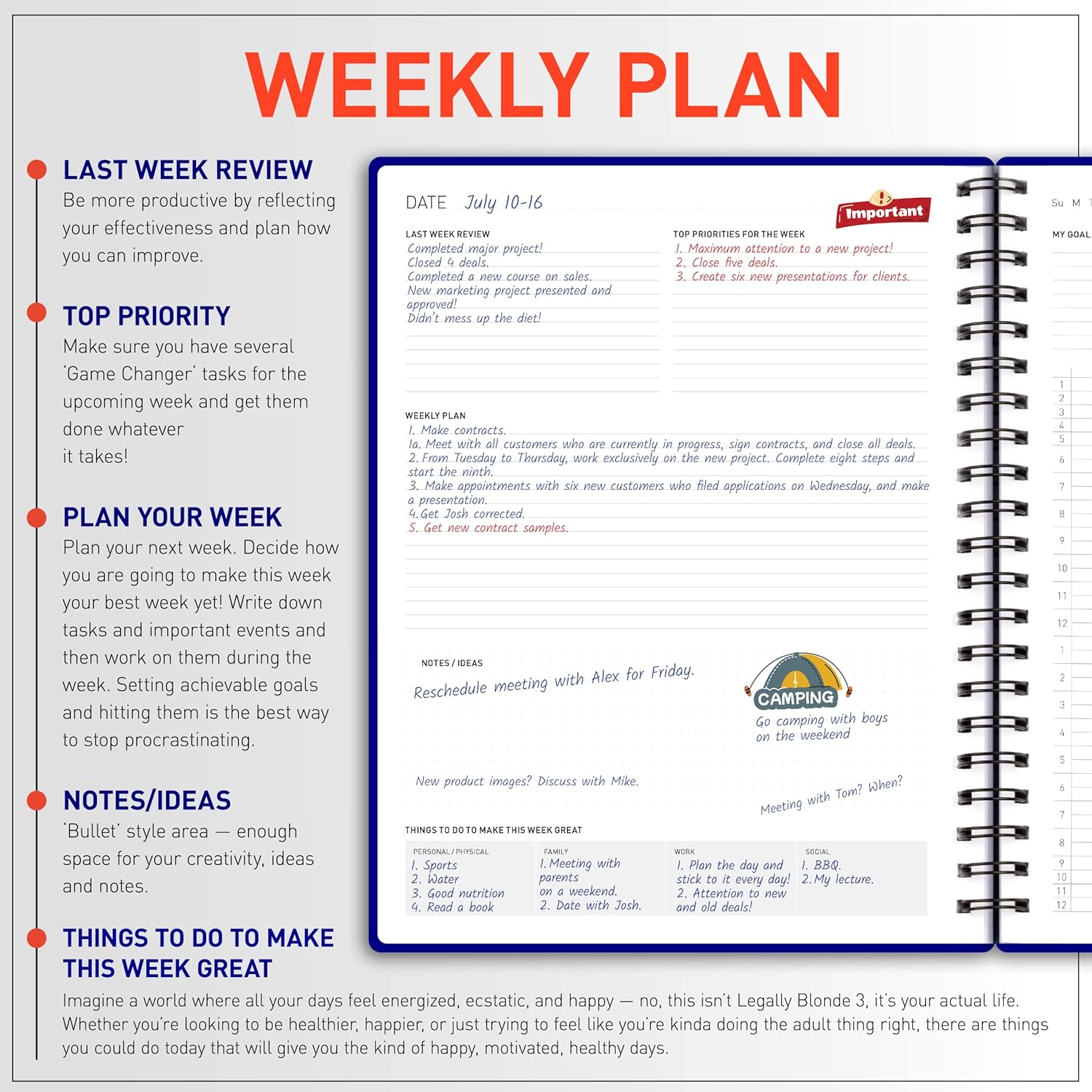 Agenda diaria  Agenda profesional de objetivos, calendario y diario de gratitud para aumentar la productividad, gestión del tiempo y felicidad