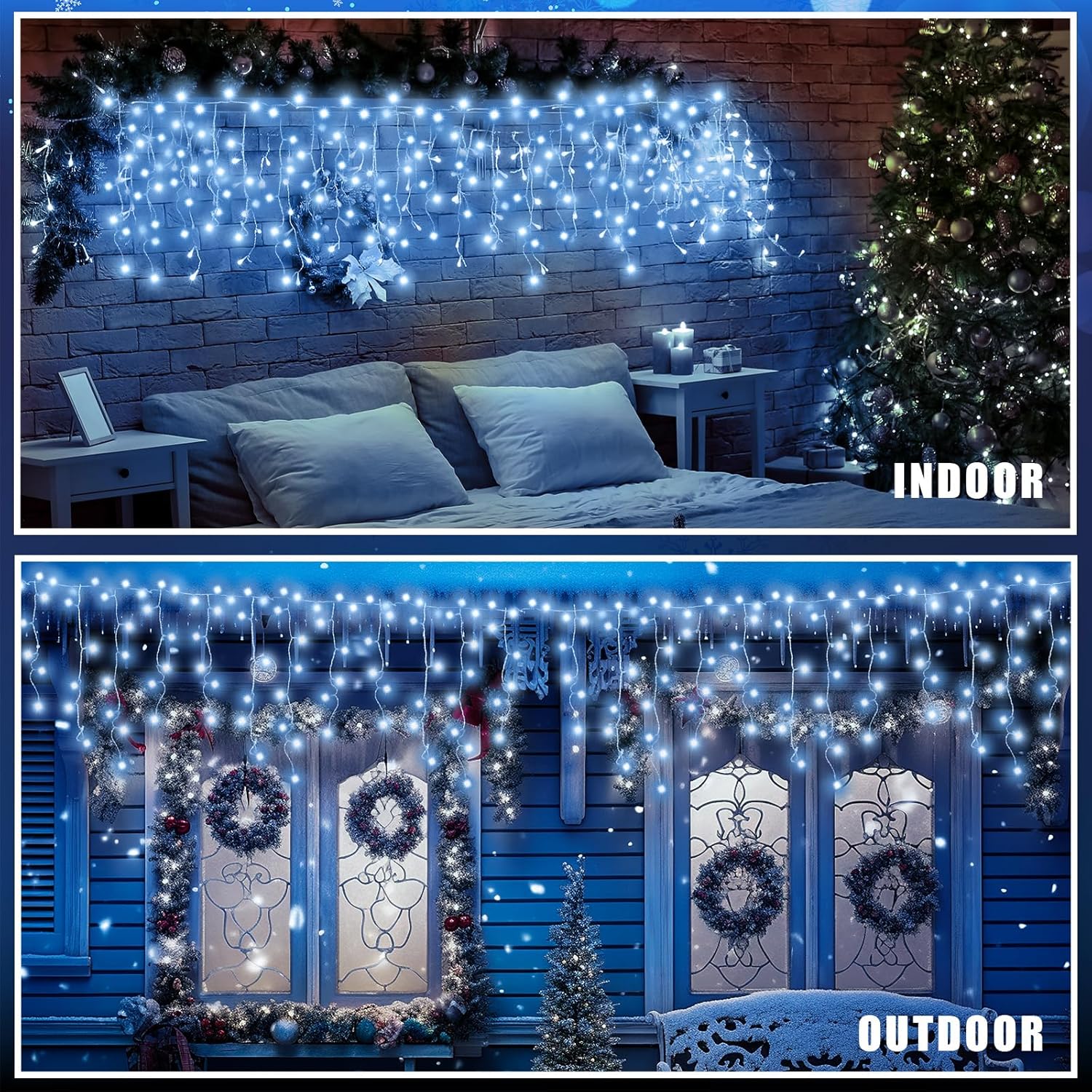 Luces solares de carámbano de invierno, impermeables, decoraciones al aire libre, 600 LED de 49.21 pies, luces blancas frías con 96 gotas, 8 modos