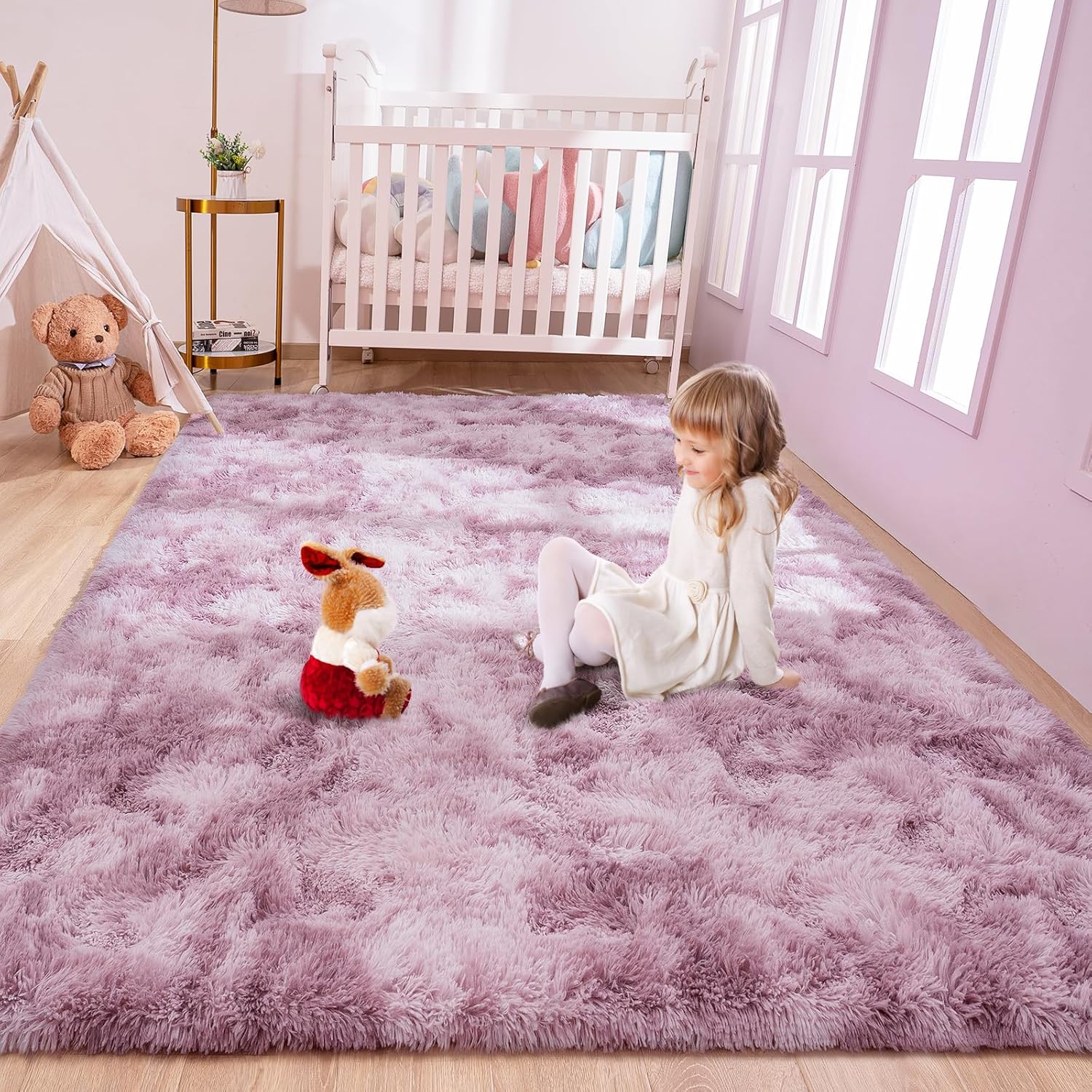 Alfombras esponjosas para dormitorio de niñas, 4 x 6 pies, alfombra suave y lanuda rosa y morada para niños, sala de juegos, sala de estar,