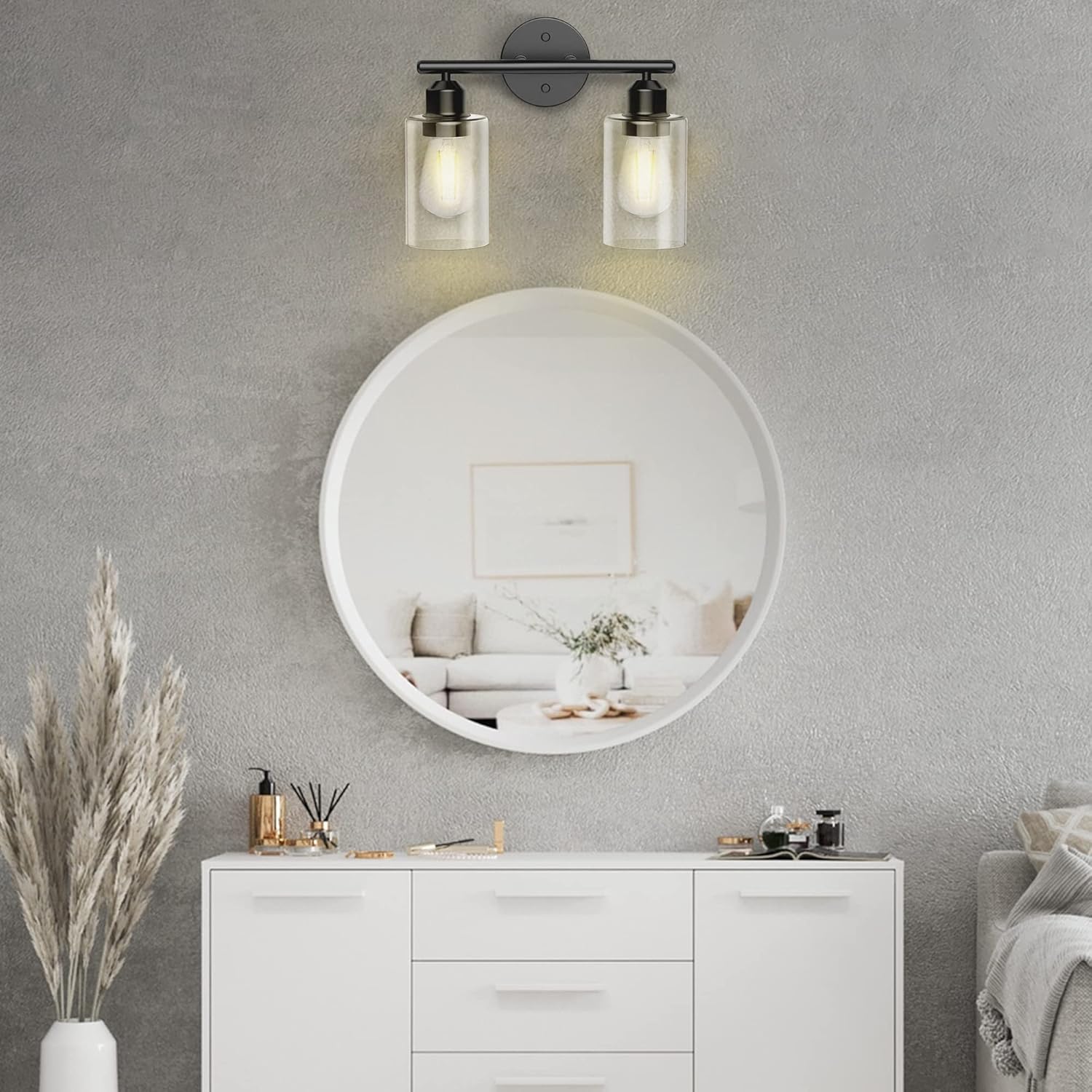 Lámparas de baño, 2 luces de tocador de baño, apliques de pared negros con pantalla de vidrio transparente, luces de pared de baño para espejo,
