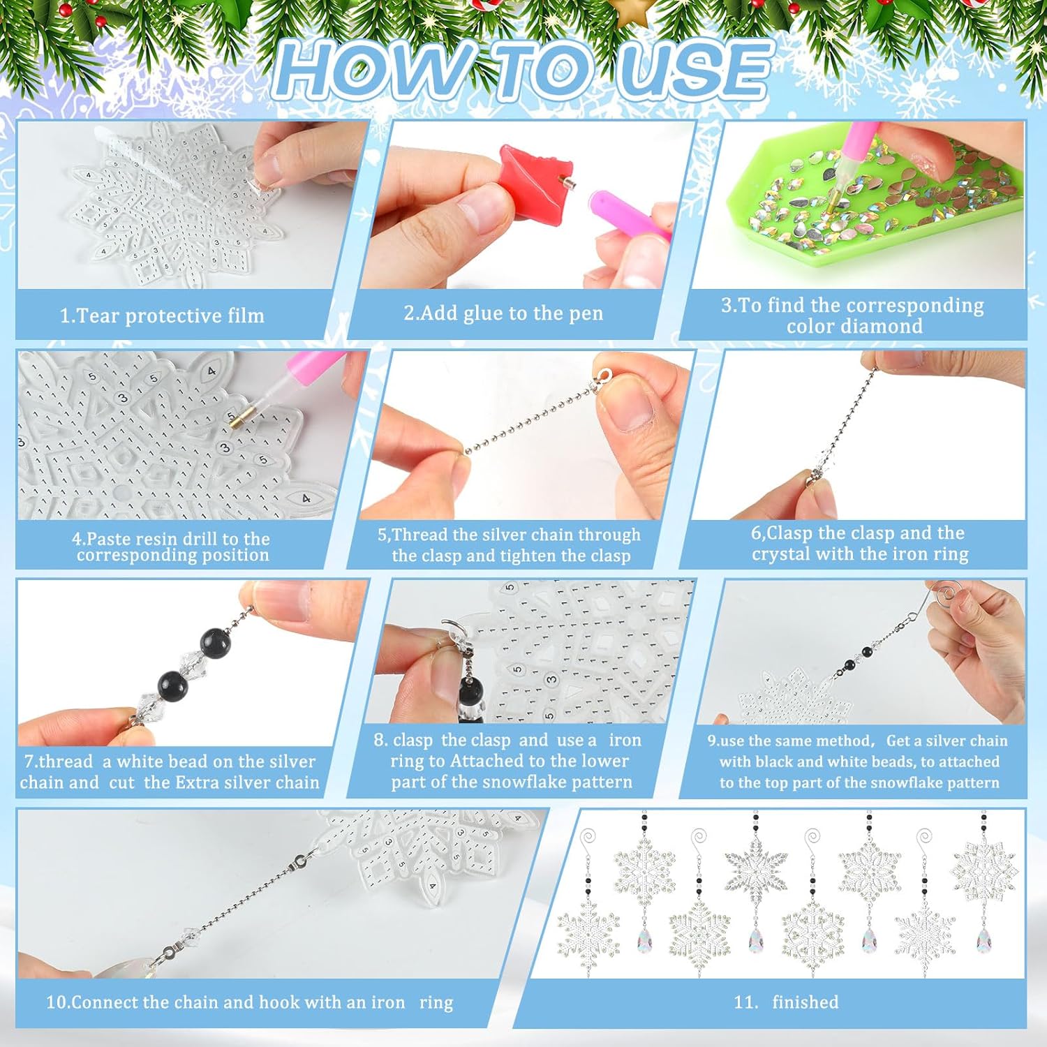 Uiifan 8 piezas de adornos de pintura de diamantes de copos de nieve, pintura de diamantes de Navidad, campanillas de viento, kits de arte de