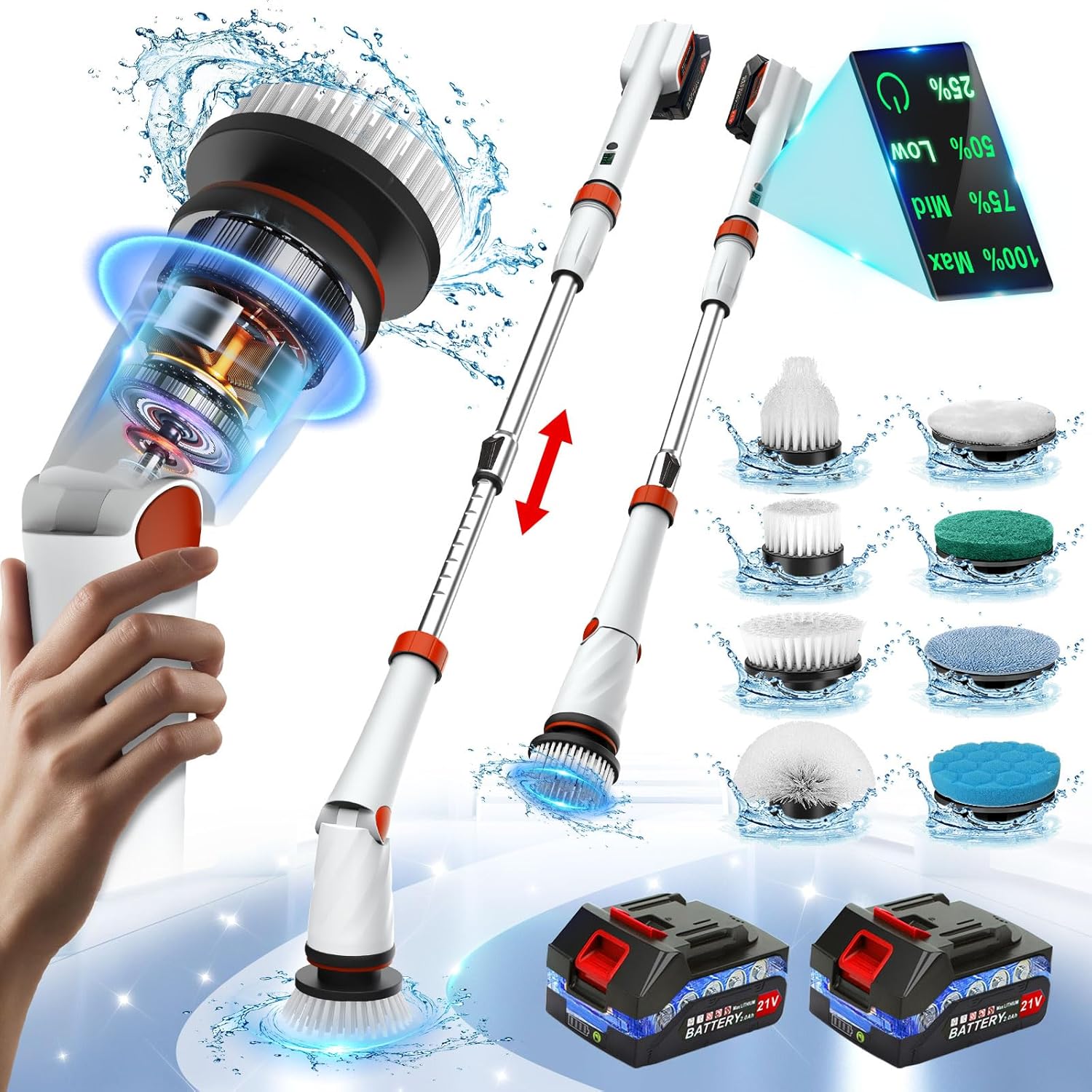1200 RPM Electric Spin Scrubber, 21V Spin Scrubber for Cleaning, 50inch Extendable Handle Spinning Cleaning Brush, Cordless Power Spin Scrubber,8