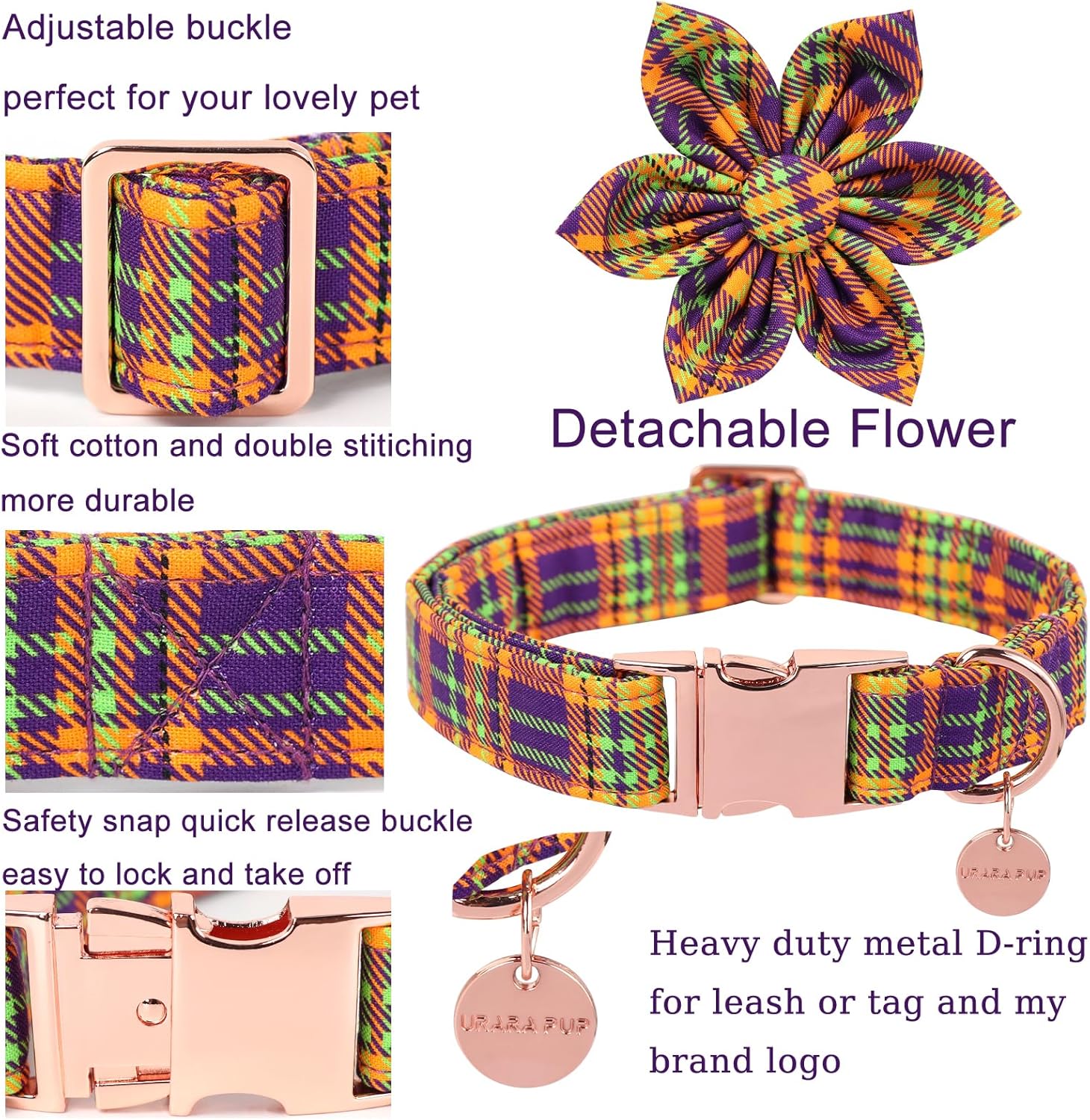 Collar de perro de Halloween con flor, collar de perro a cuadros de Halloween para hembras pequeñas, collar de perro de otoño e invierno con hebilla