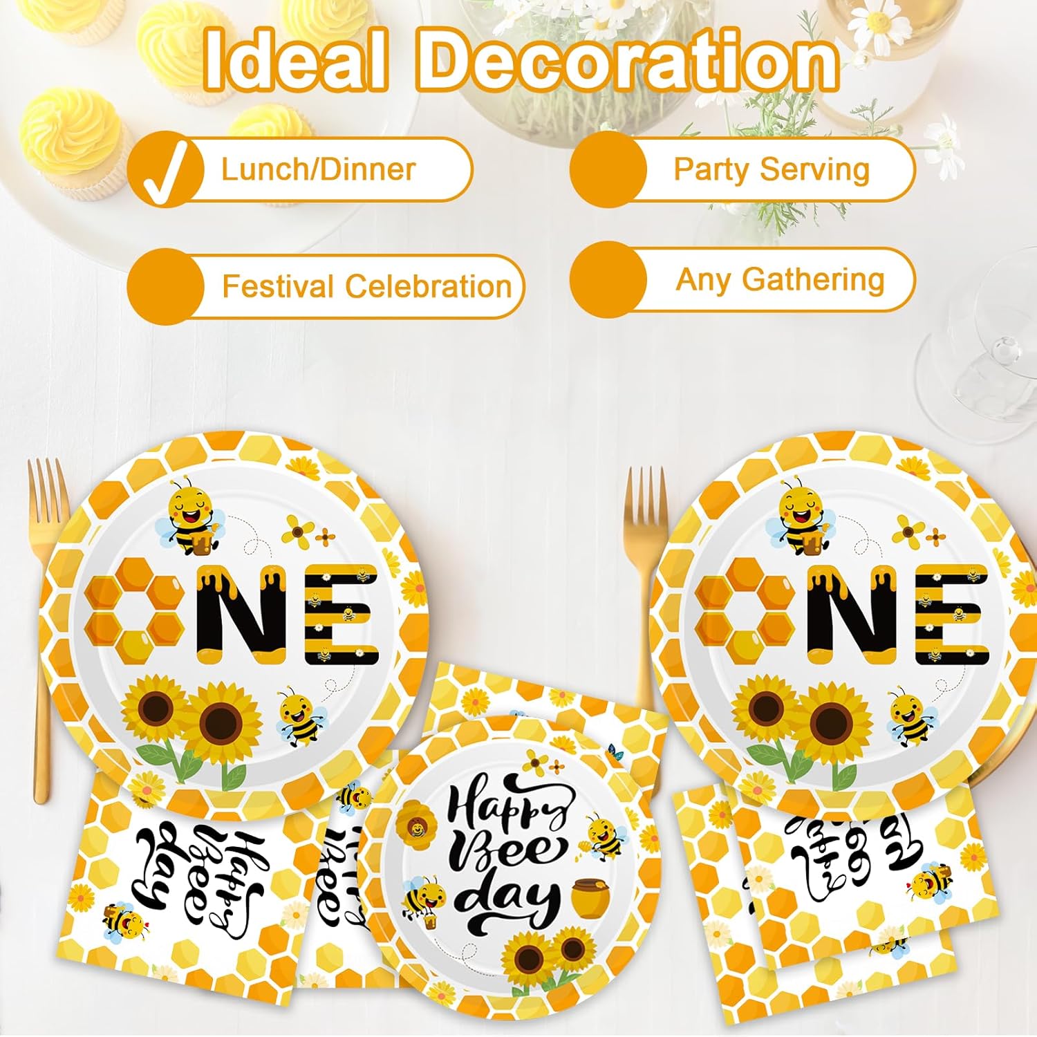 100 piezas de suministros de fiesta de primer cumpleaños de abeja, platos de papel y servilletas desechables para decoración de primer cumpleaños de