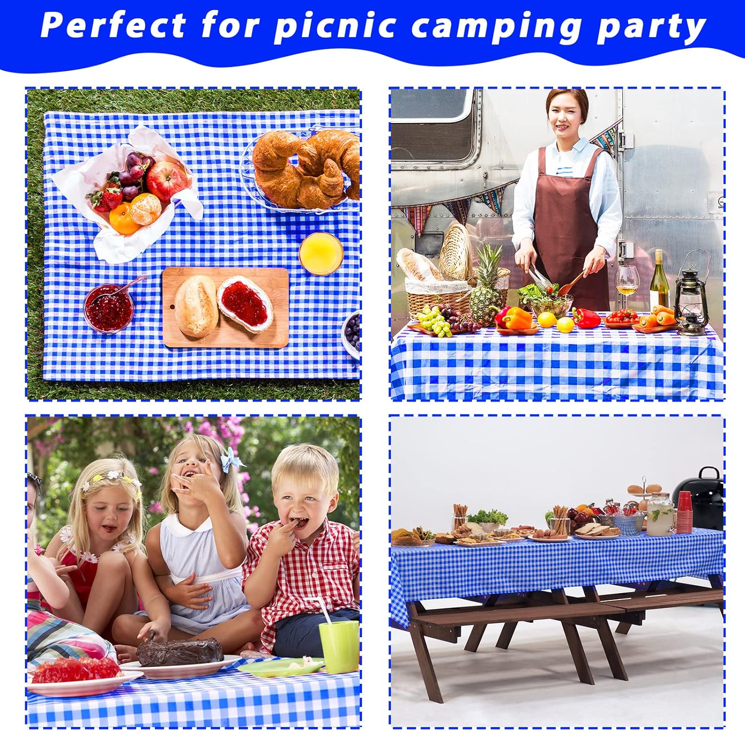 Blue Gingham Checkered Tablecloth Roll 52 in x 100 Ft with Slide Cutter Plastic Table Cloth Roll Blue Gingham Plastic Picnic Party Table Cover for