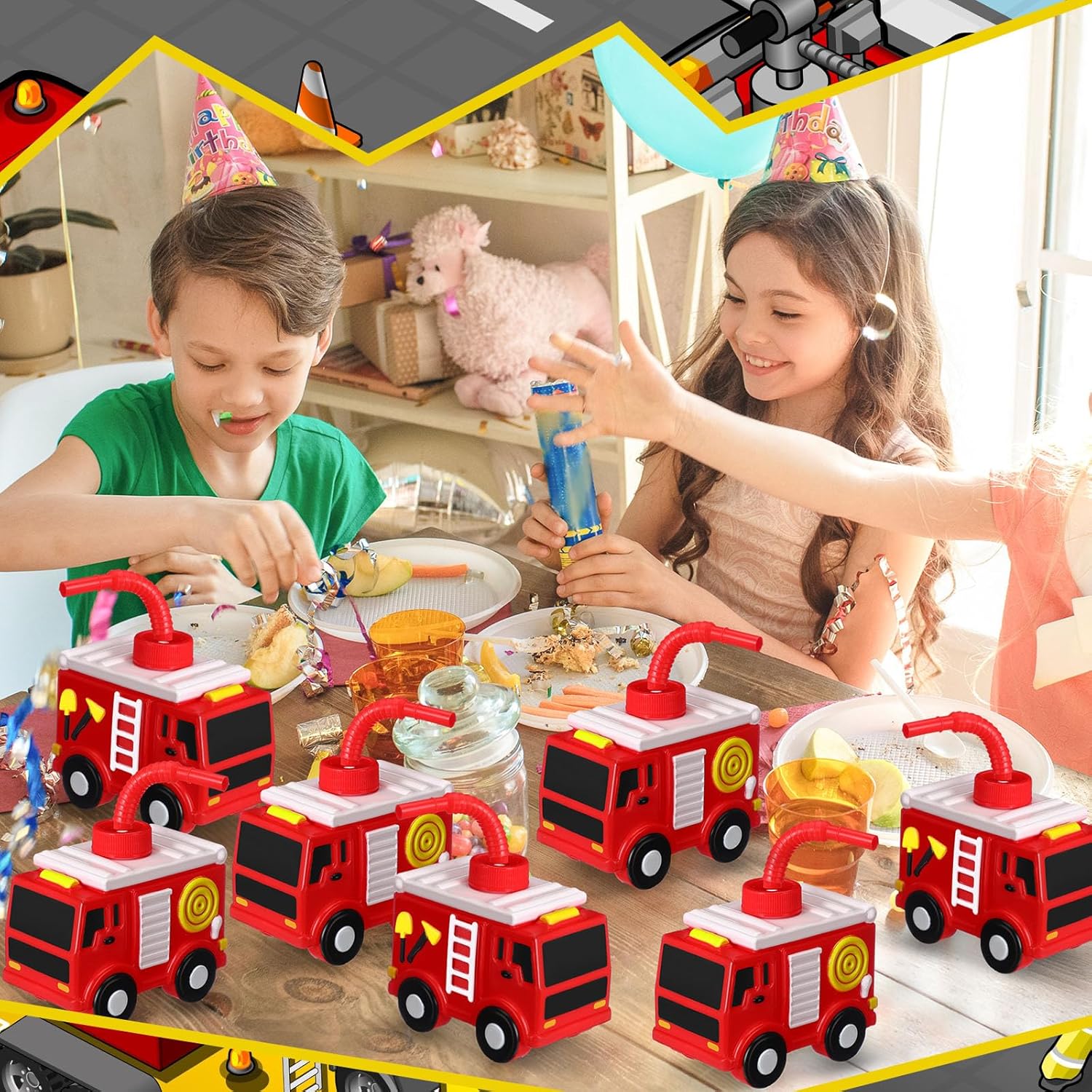12 juegos de suministros de regalo de fiesta de bomberos, tazas de camión de bomberos con pajitas, taza de plástico con forma de camión de bomberos,