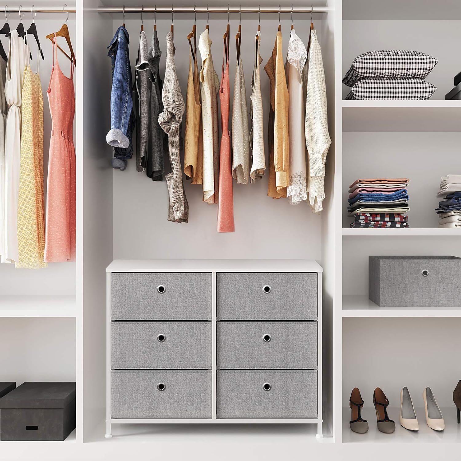 SONGMICS Cómoda de almacenamiento de 3 niveles con 6 cajones de tela fáciles de tirar y mesa de madera, 31.5 pulgadas de largo x 11.8 pulgadas de