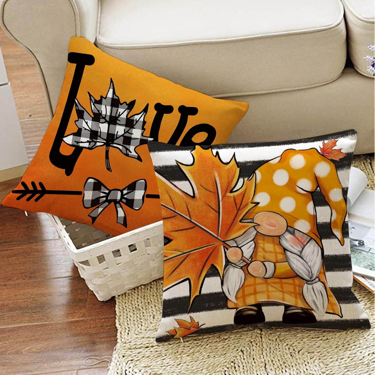 Juego de 4 fundas de almohada decorativas de otoño con diseño de hojas de arce y calabaza de 20 x 20 pulgadas, diseño de gnomo con diseño de rayas