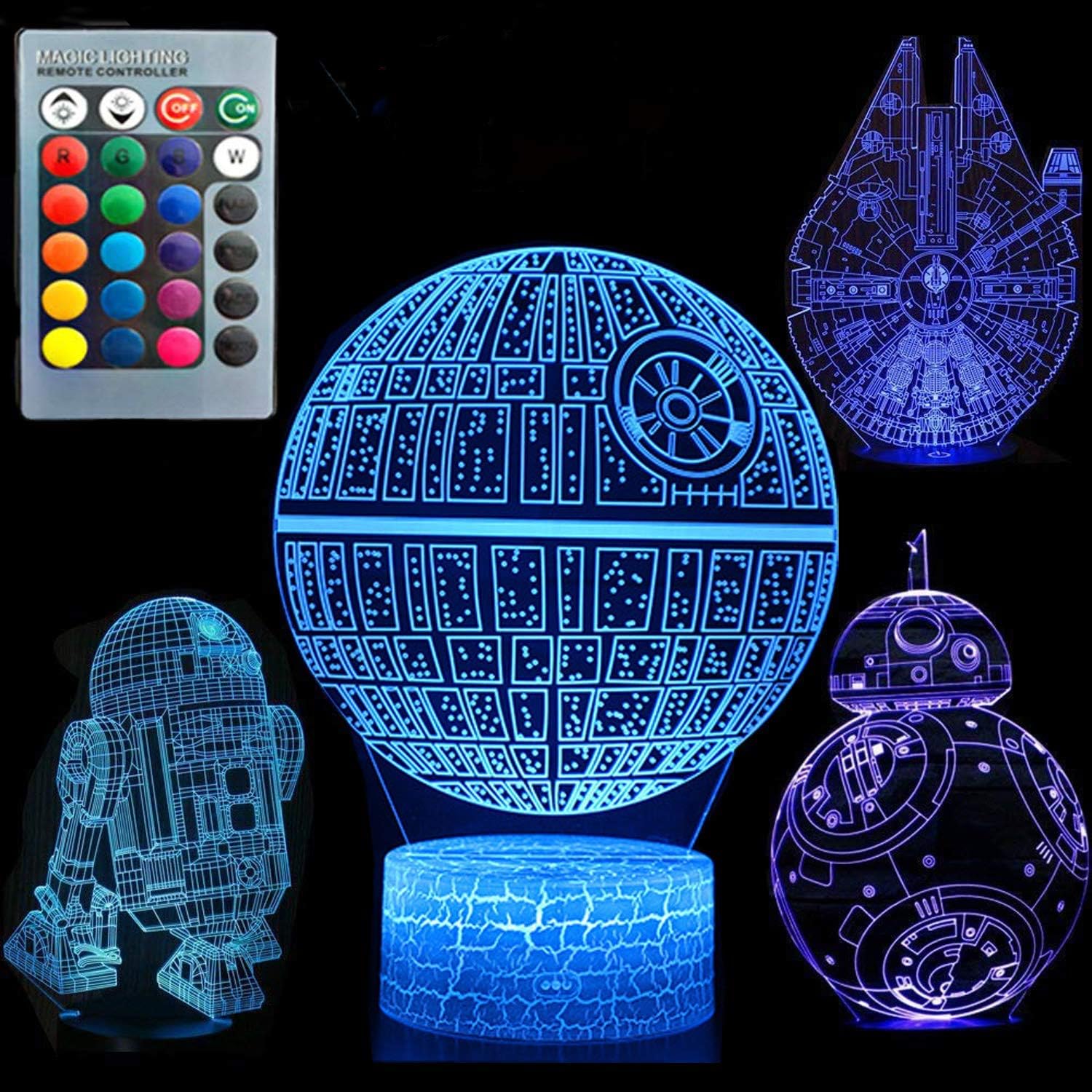 ZYTC Lámpara de noche con ilusión 3D, cuatro patrones, 16 colores cambiantes, lámpara de escritorio, lámpara de noche estrella, lámpara de luz para