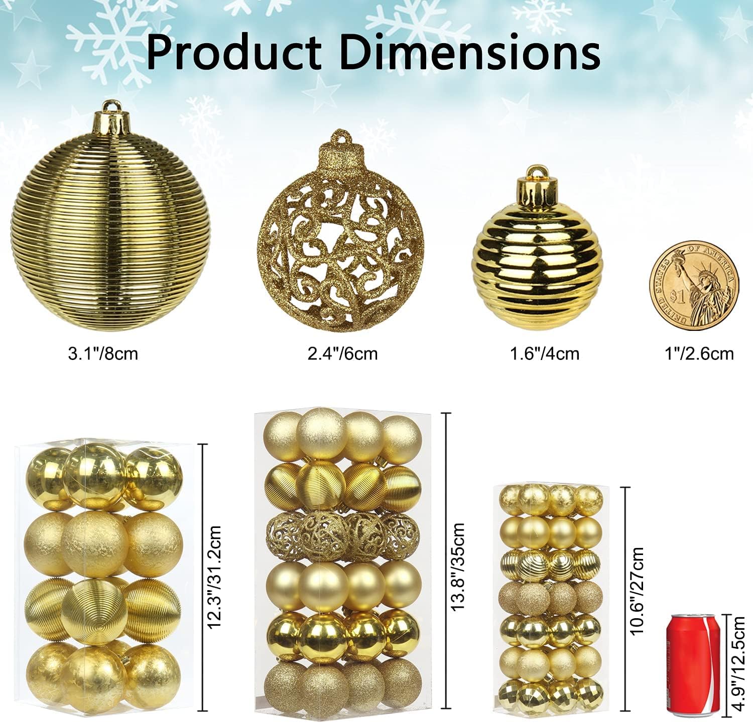 Adornos de bola de Navidad de 1.57 pulgadas, color dorado, 42 piezas inastillables, decoración de árbol de Navidad, juego para colgar en bodas,