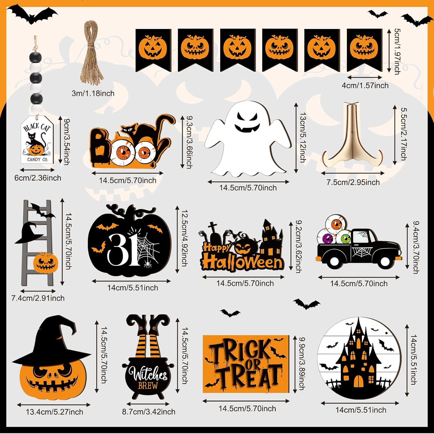 Geetery Juego de 18 piezas de decoración de Halloween para bandejas escalonadas de Halloween, letrero de madera, lindo gnomo de felpa, calabaza,