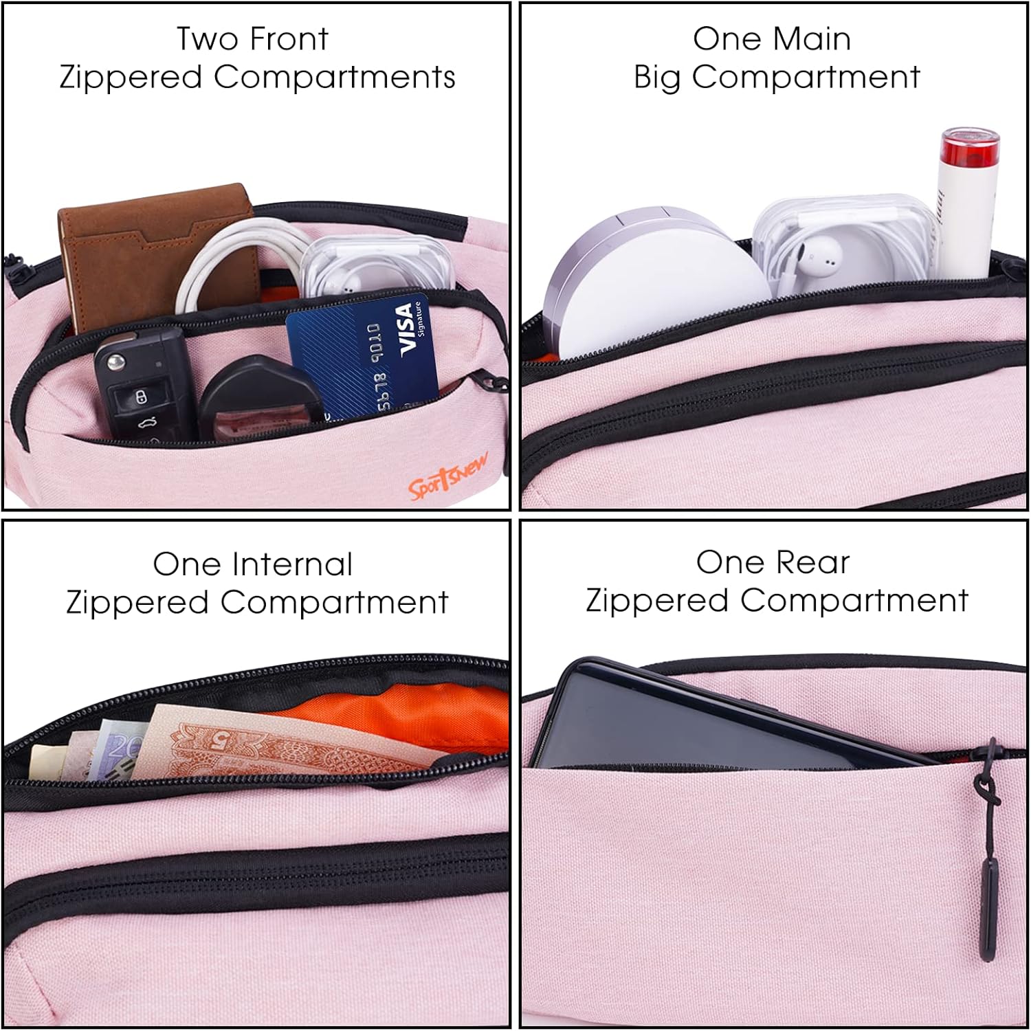 Riñonera grande para hombre con 5 bolsillos con cremallera, bolsa de cintura para correr, deportes, entrenamiento, viajes, Rosado, talla única ,