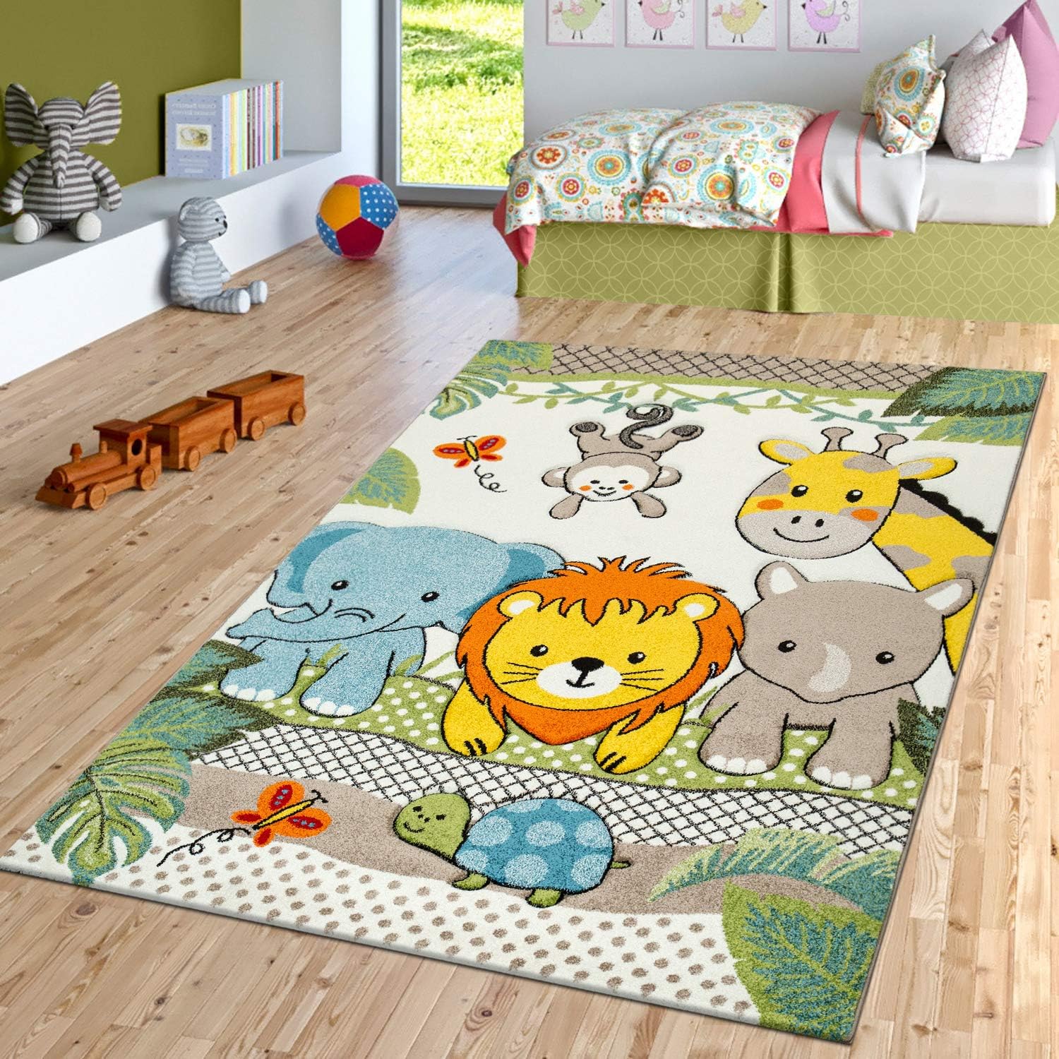 Alfombra infantil con diseño de animales del zoológico, león y elefantes en efecto 3D, colorido, tamaño 4’7″ x 6’7″