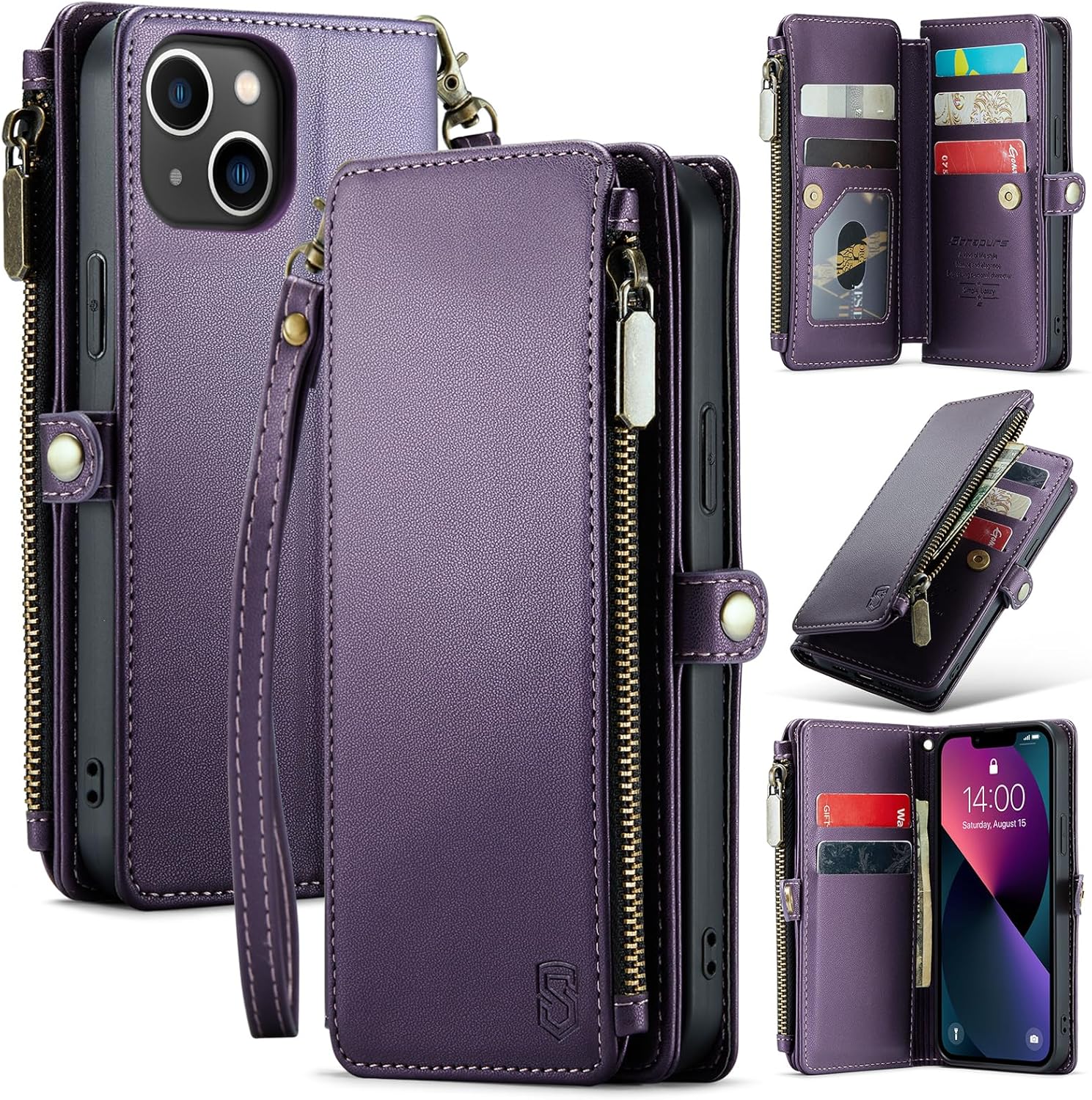Funda tipo cartera compatible con iPhone 13 con tarjetero, bloqueo RFID, cremallera, para iPhone 13, cartera y muñequera, de piel sintética,