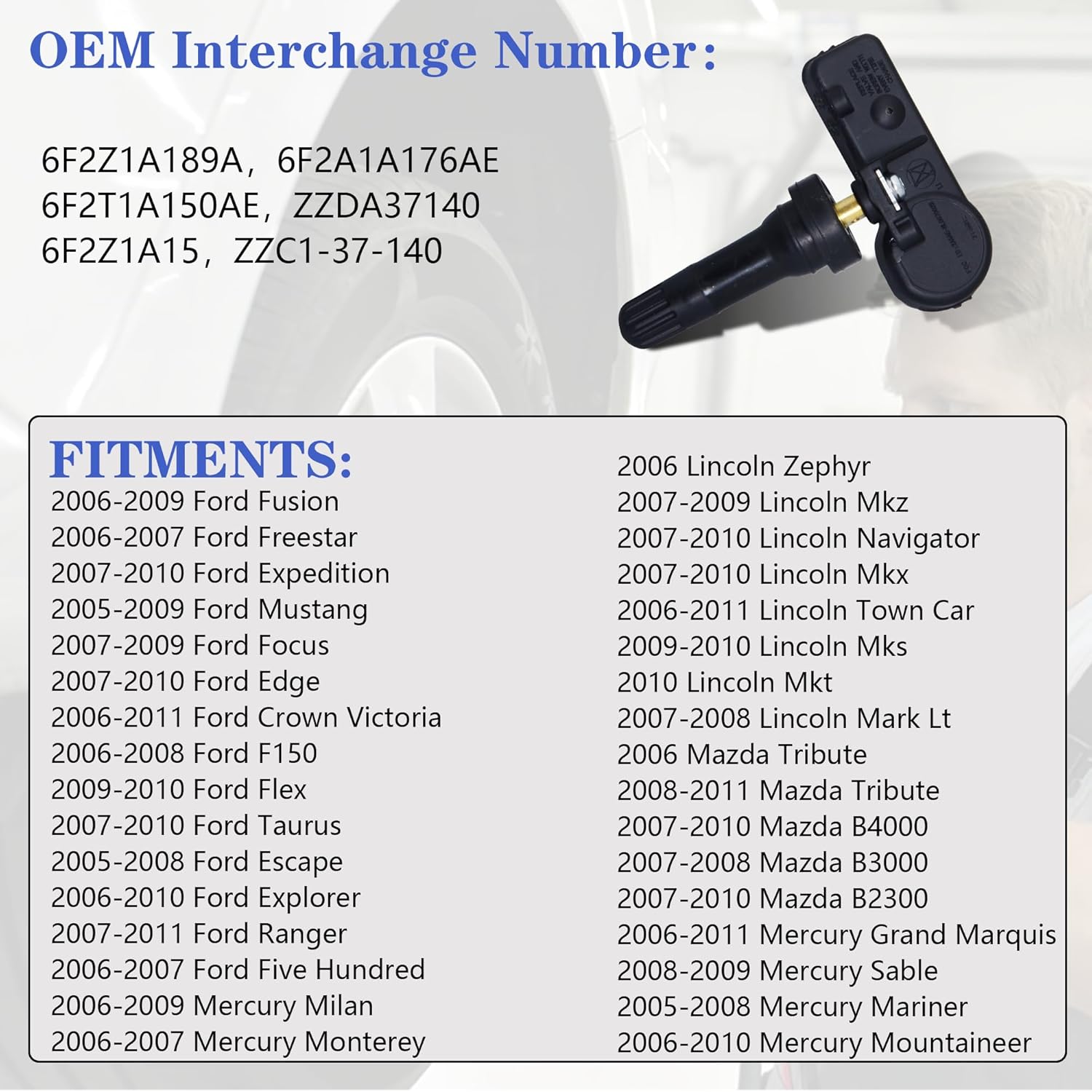 Sensor de presión de neumáticos 315Mhz 4 piezas compatible con Ford F150 Focus Ranger Lincoln Mkz Mazda Tribute B2300 Mercury Mariner Sistema de