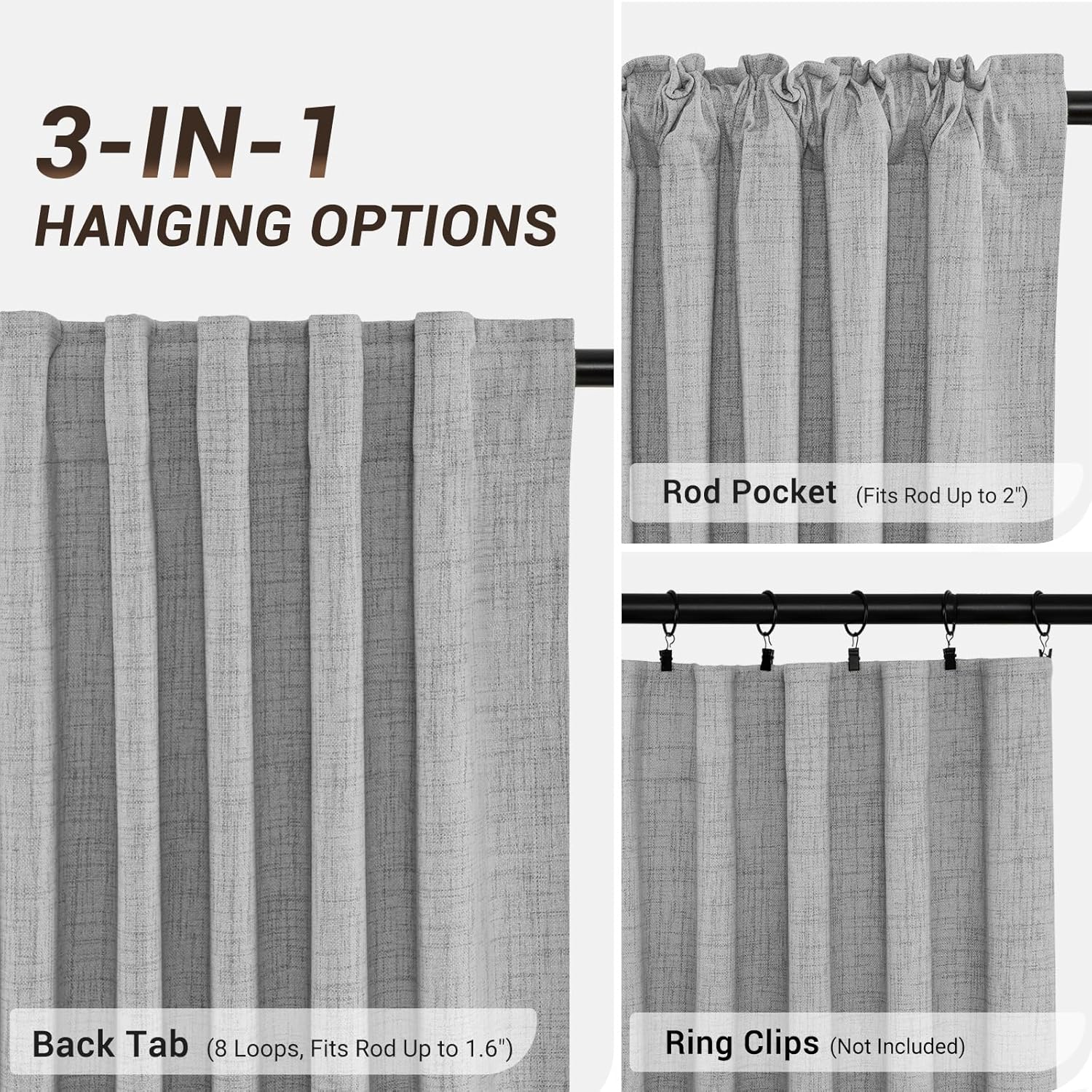 zeerobee – Cortinas blackout, 100% opacas, 2 paneles, lino, aislamiento térmico, pestañas traseras, bolsillo para cortinero, para sala de estar y
