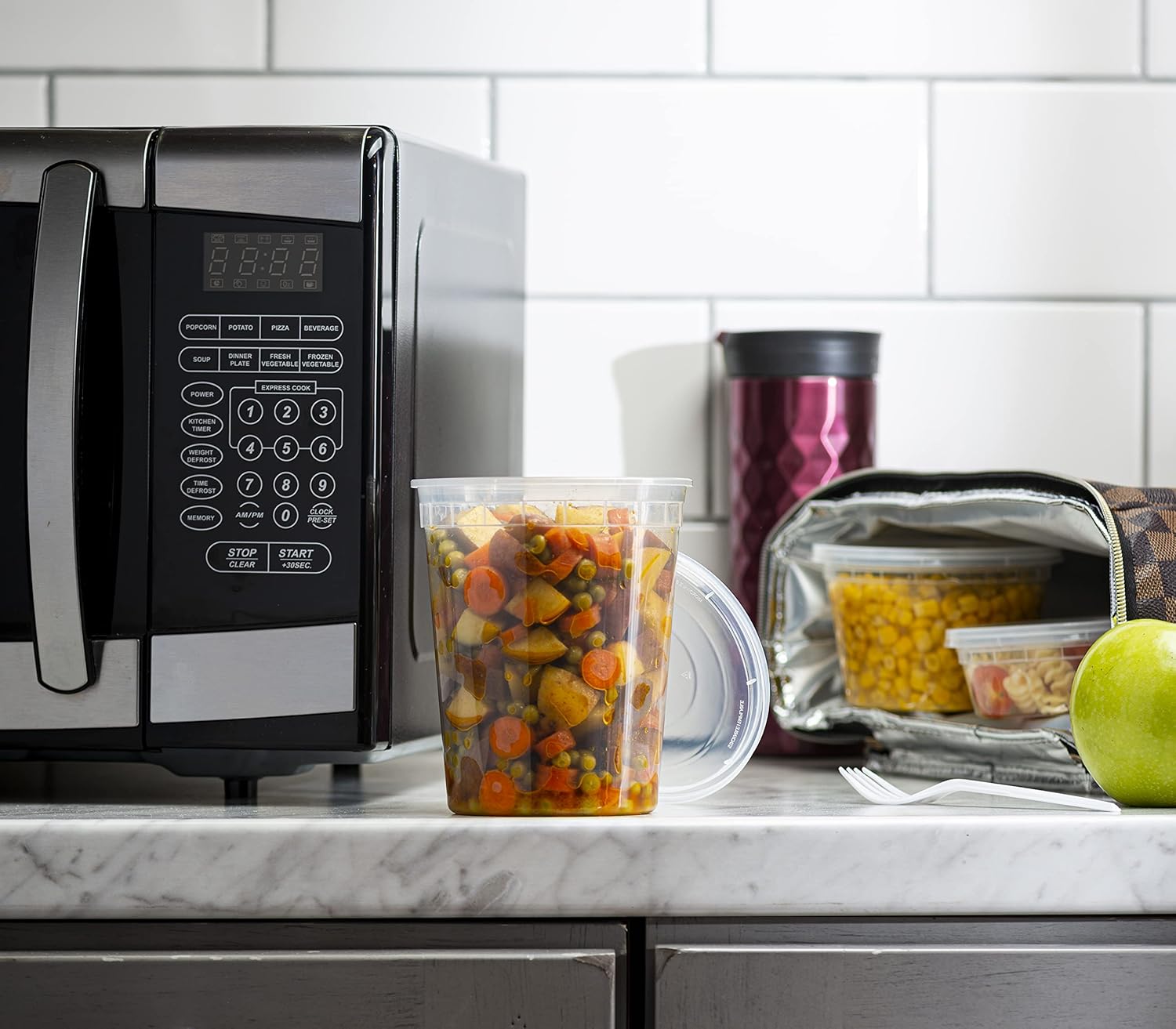 Elegant Disposables 24 onzas  24 juegos de recipientes de plástico para almacenamiento de alimentos con tapas flexibles herméticas para microondas,