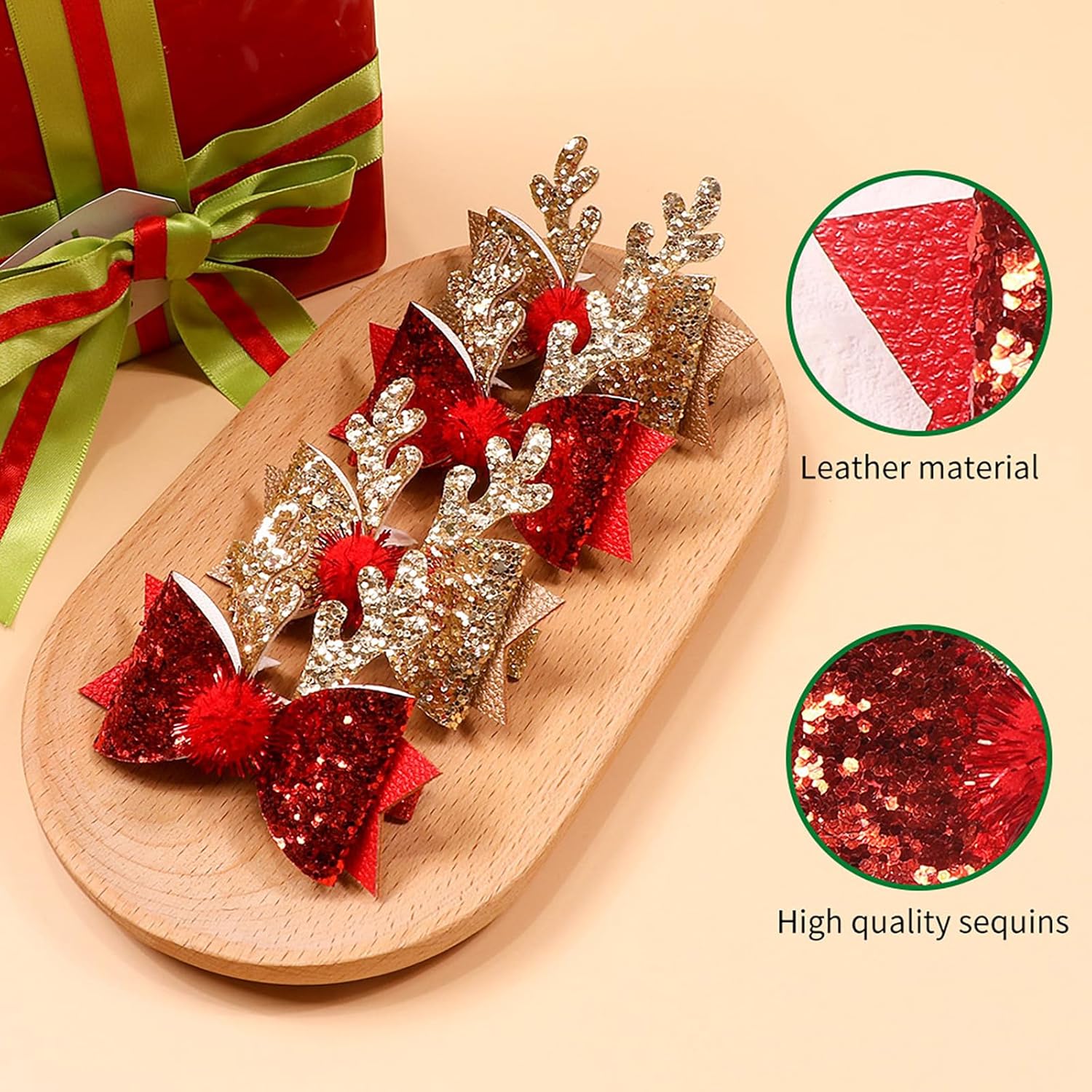 4 pinzas para el cabello de Navidad con purpurina y lazo, pinzas para el cabello con lazo de Navidad para niñas