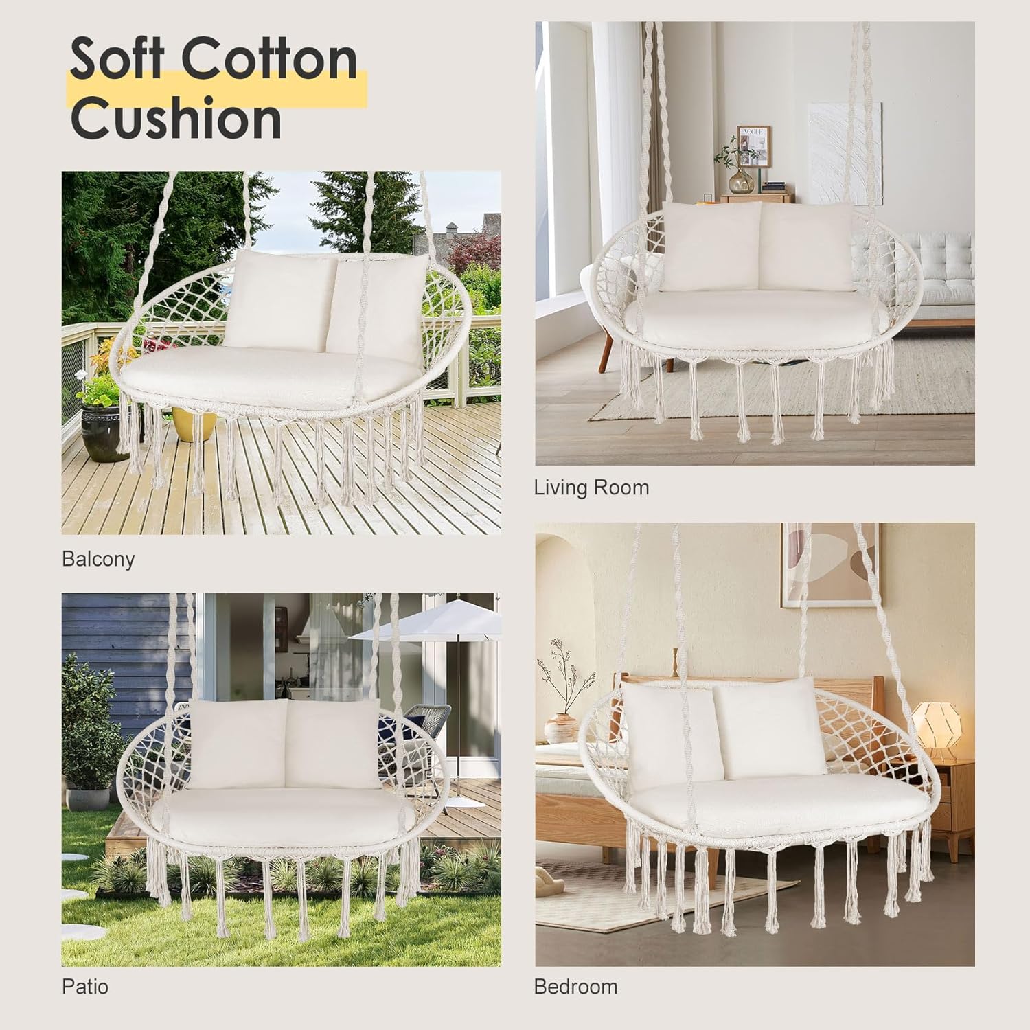 Silla oscilante doble, silla colgante grande de macramé con 3 cojines y accesorios de montaje, silla columpio tejida a mano para dormitorio, patio,