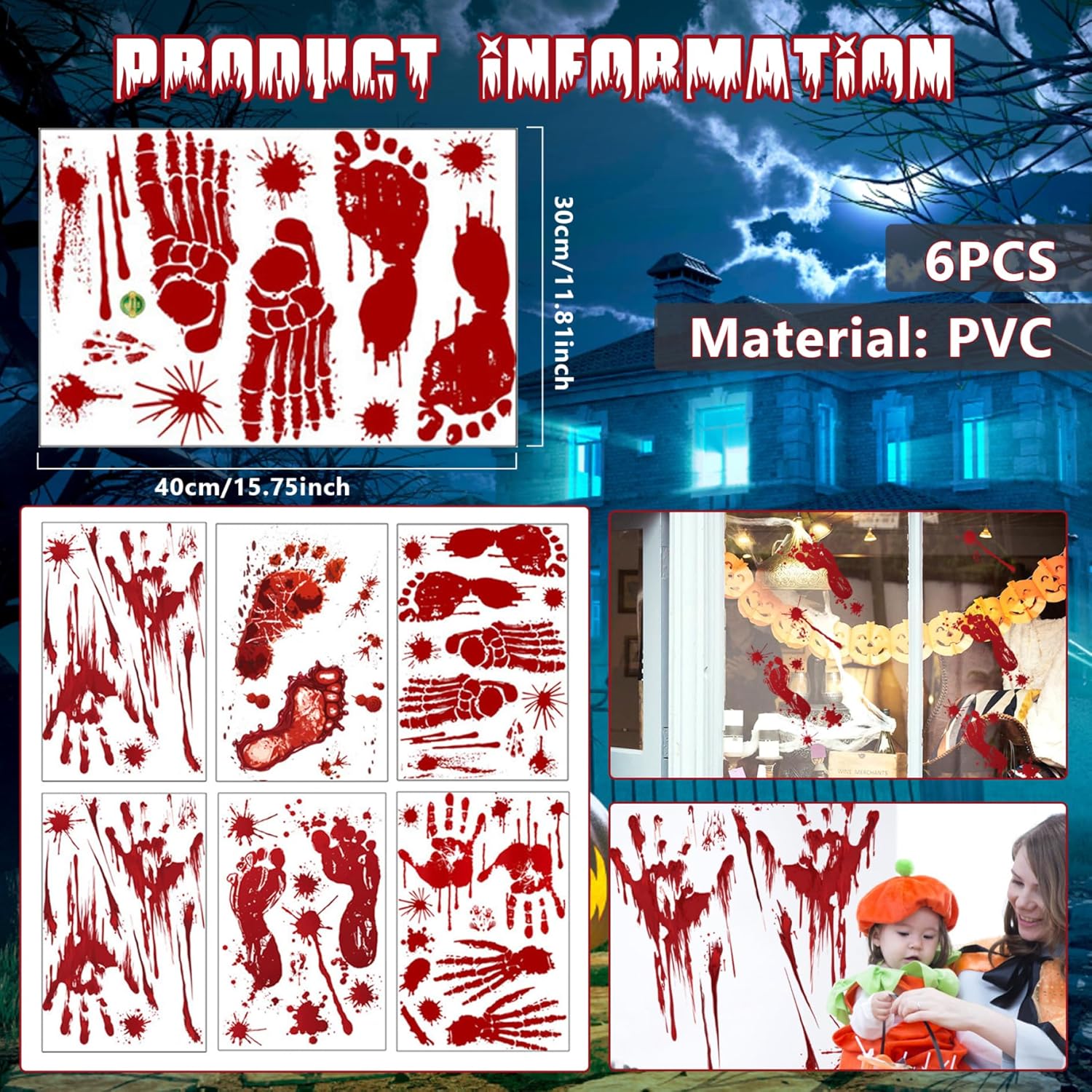 Calcomanías de Halloween para ventana, 6 hojas de calcomanías de huellas de manos sangrientas, calcomanías realistas de zombi, calcomanías