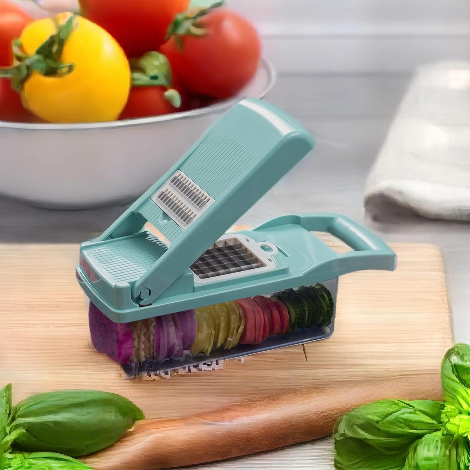 Cortador de verduras definitivo picador multifuncional 14 en 1 con recipiente, rebanar, cortar en dados, espiralizar y rallar para una fácil