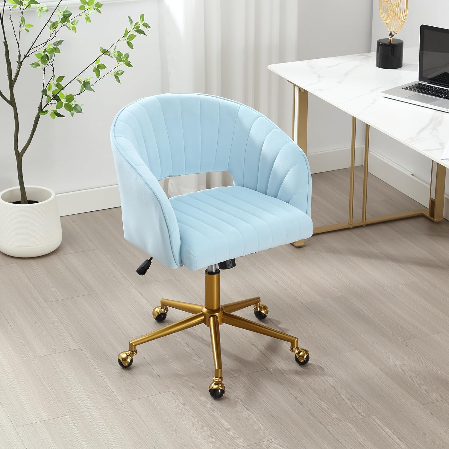 Homedraft Silla de escritorio giratoria para oficina en casa, moderna silla de escritorio de terciopelo, sillón de altura ajustable con base dorada,
