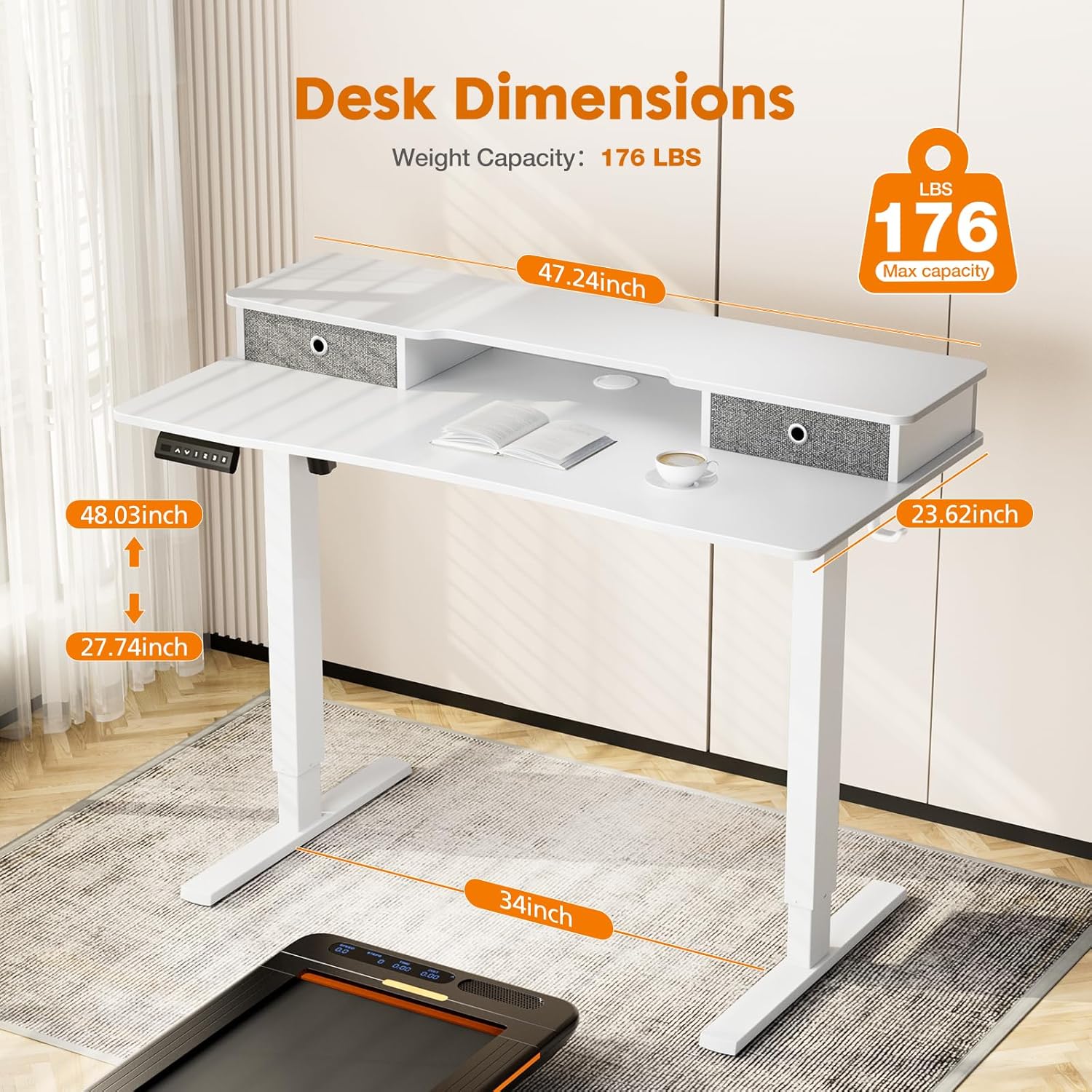 Sweetcrispy Escritorio eléctrico de pie ajustable en altura con estante de almacenamiento, cajón doble, escritorio de pie de 48 x 24 pulgadas,