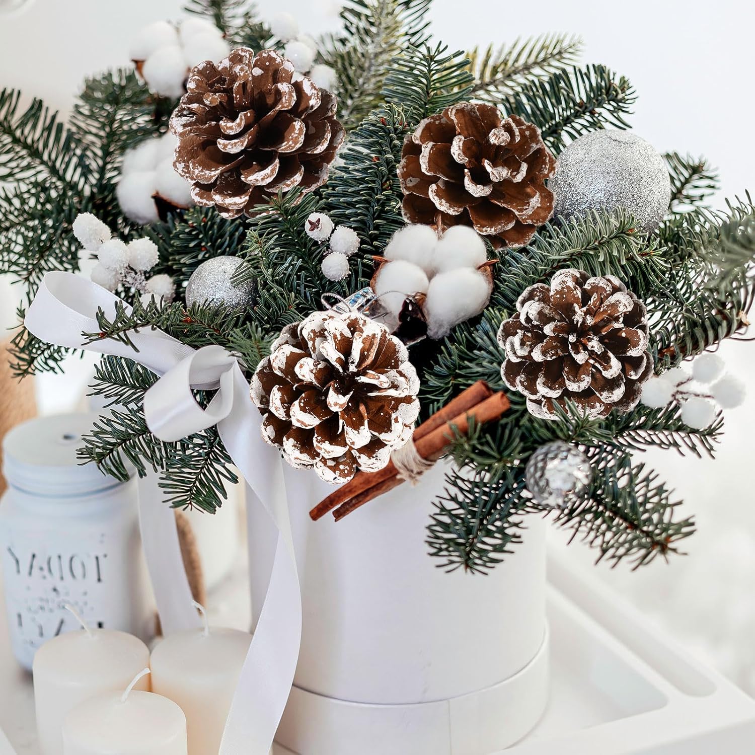 Púas de pino natural de Navidad de 3 pulgadas, 15 piezas de piñas de nieve para decoración de árbol de Navidad, hogar, fiesta, bricolaje