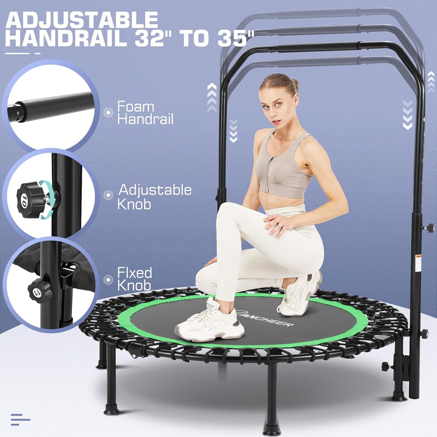 ANCHEER Mini trampolín plegable de 40 pulgadas para adultos, carga máxima de 450 libras, pequeño rebote elástico de fitness con barra de mango de